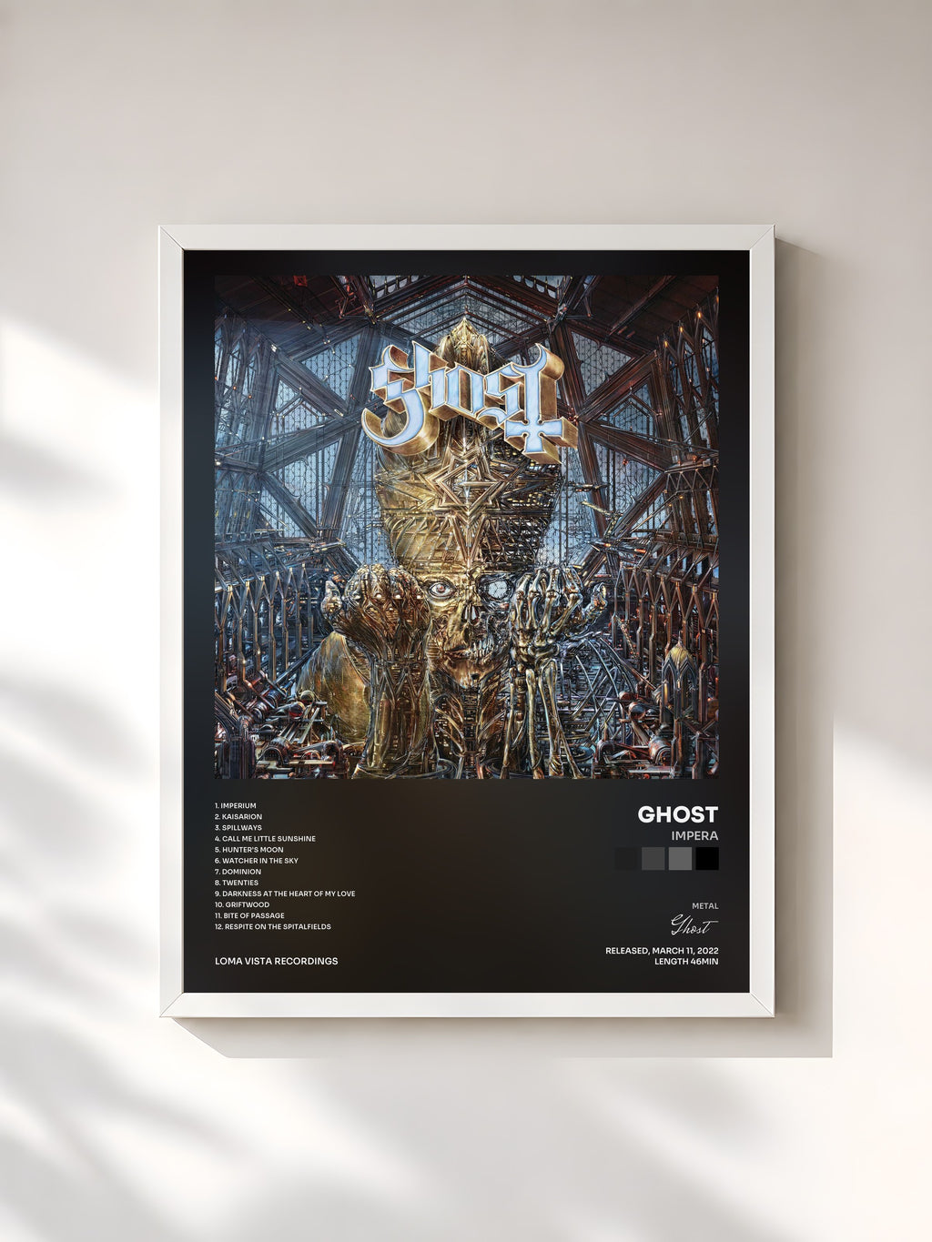 #blanc Tableau de l'album IMPERA de Ghost, cadre blanc, imprimé et encadré en France