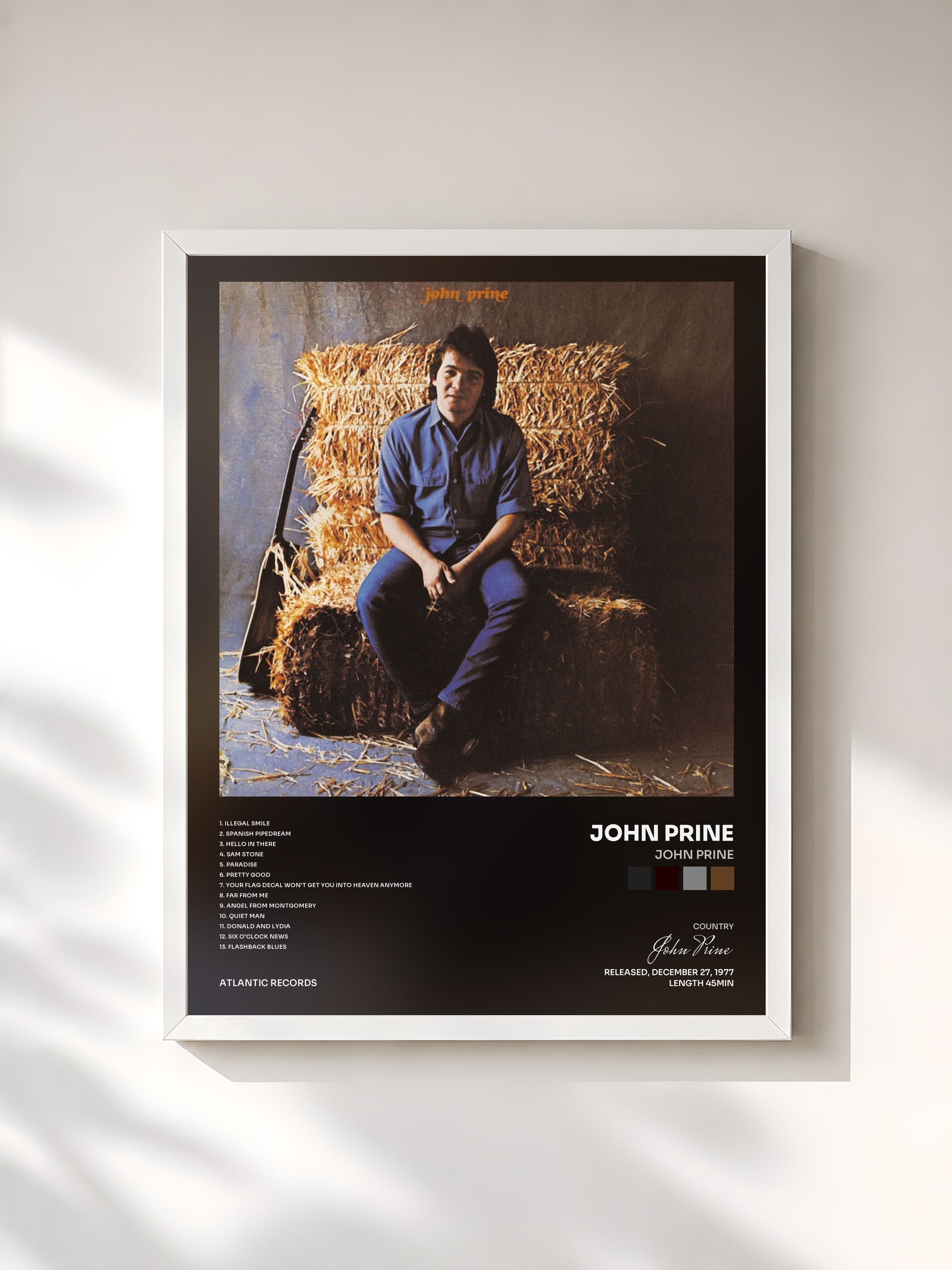 #blanc Tableau de l'album John Prine de John Prine, cadre blanc, imprimé et encadré en France