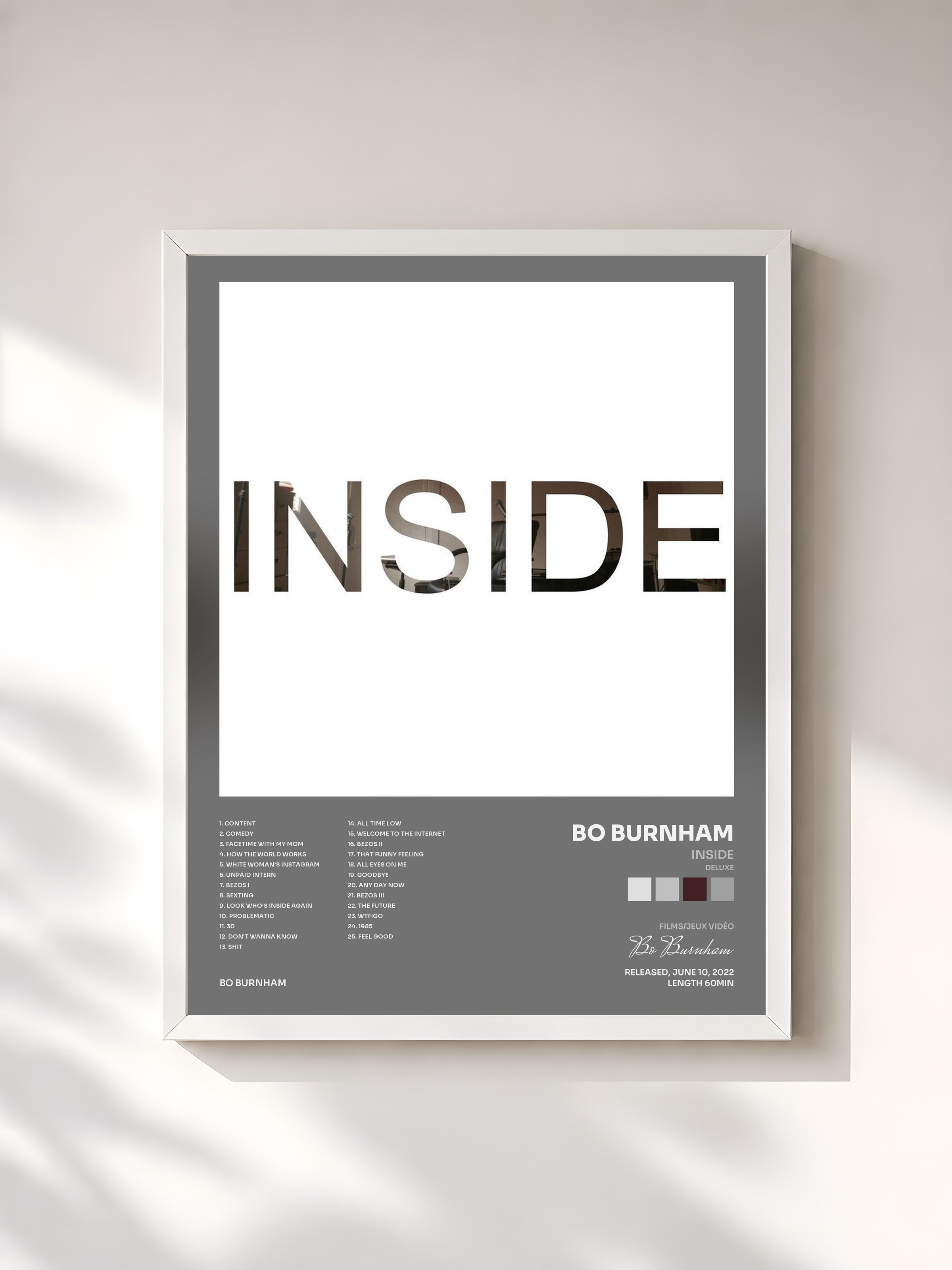 #blanc Tableau de l'album INSIDE (DELUXE) de Bo Burnham, cadre blanc, imprimé et encadré en France