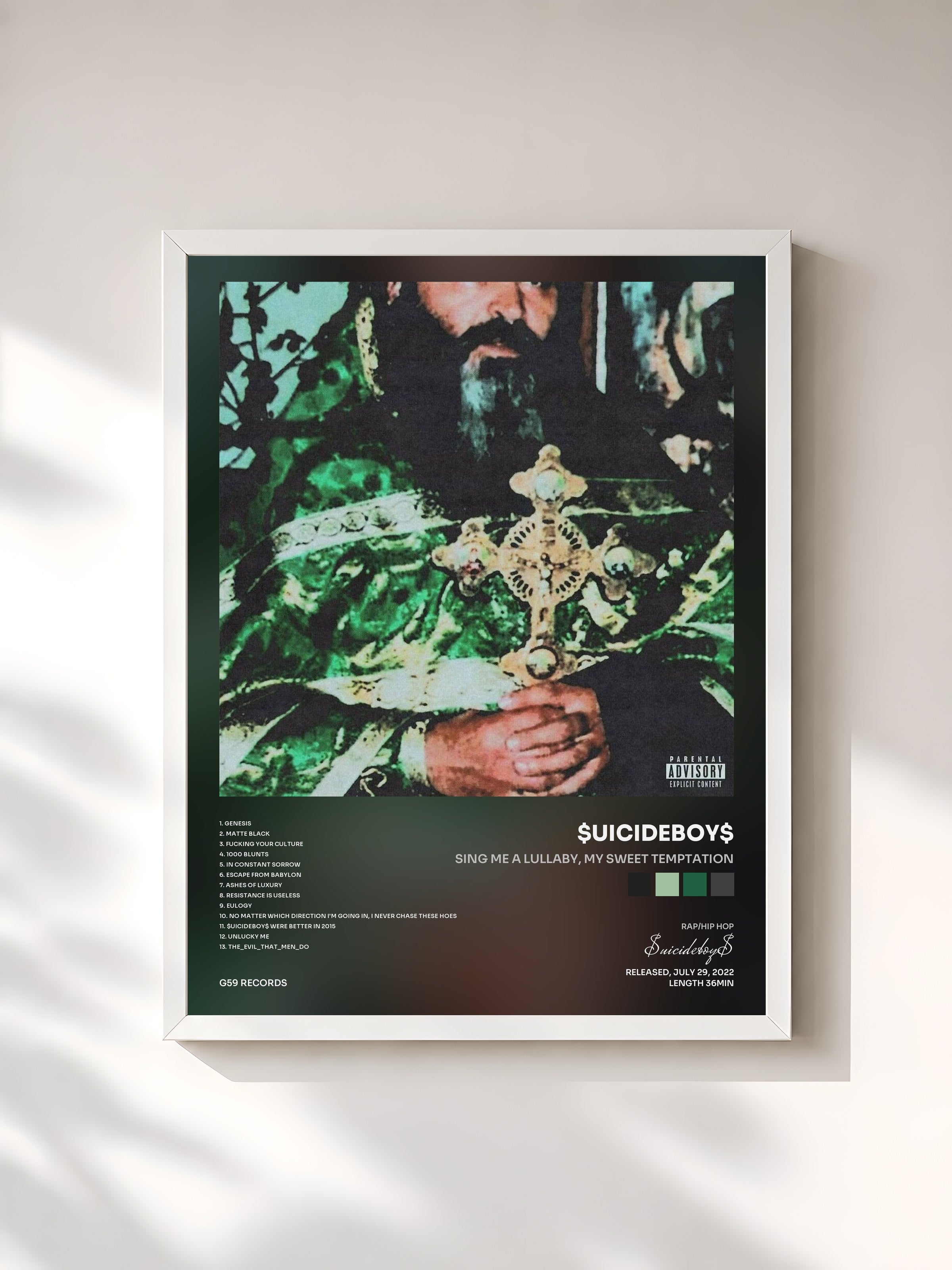 #blanc Tableau de l'album Sing Me a Lullaby, My Sweet Temptation de $uicideboy$, cadre blanc, imprimé et encadré en France