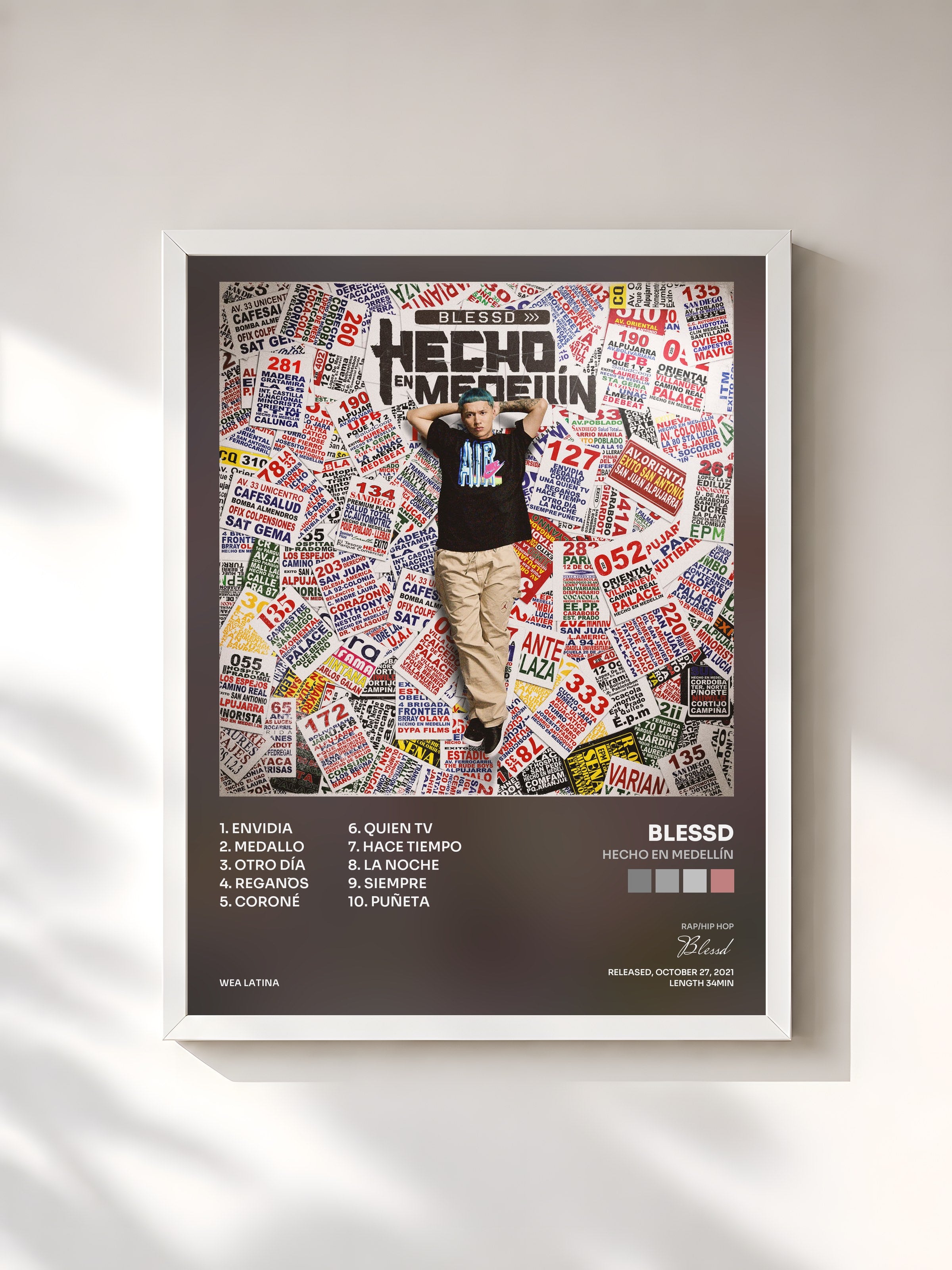 #blanc Tableau de l'album Hecho En Medellín de Blessd, cadre blanc, imprimé et encadré en France