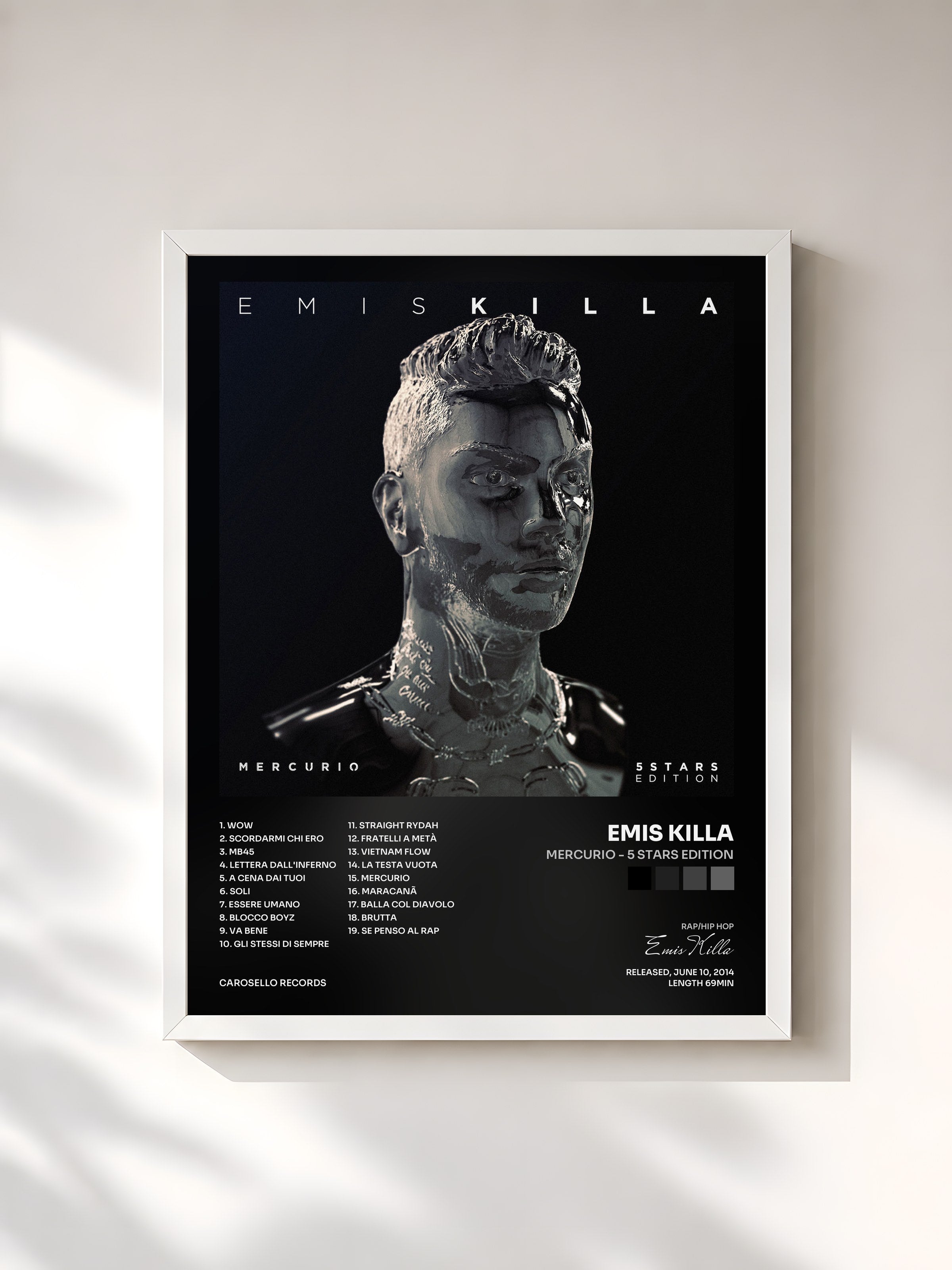 #blanc Tableau de l'album Mercurio - 5 Stars Edition de Emis Killa, cadre blanc, imprimé et encadré en France