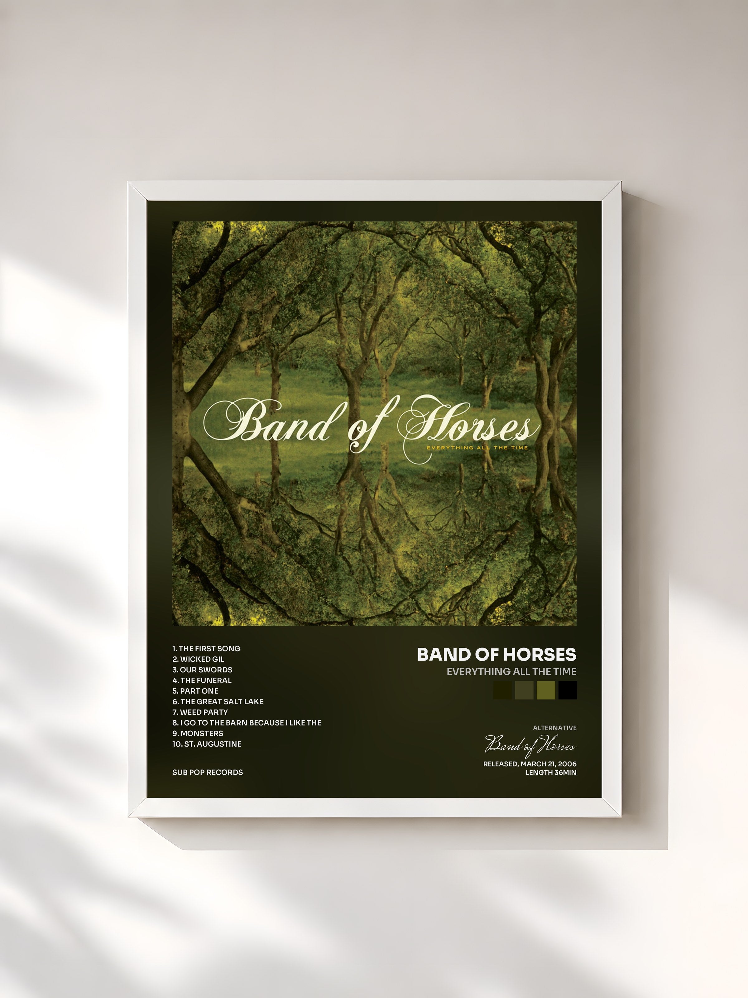 #blanc Tableau de l'album Everything All The Time de Band of Horses, cadre blanc, imprimé et encadré en France