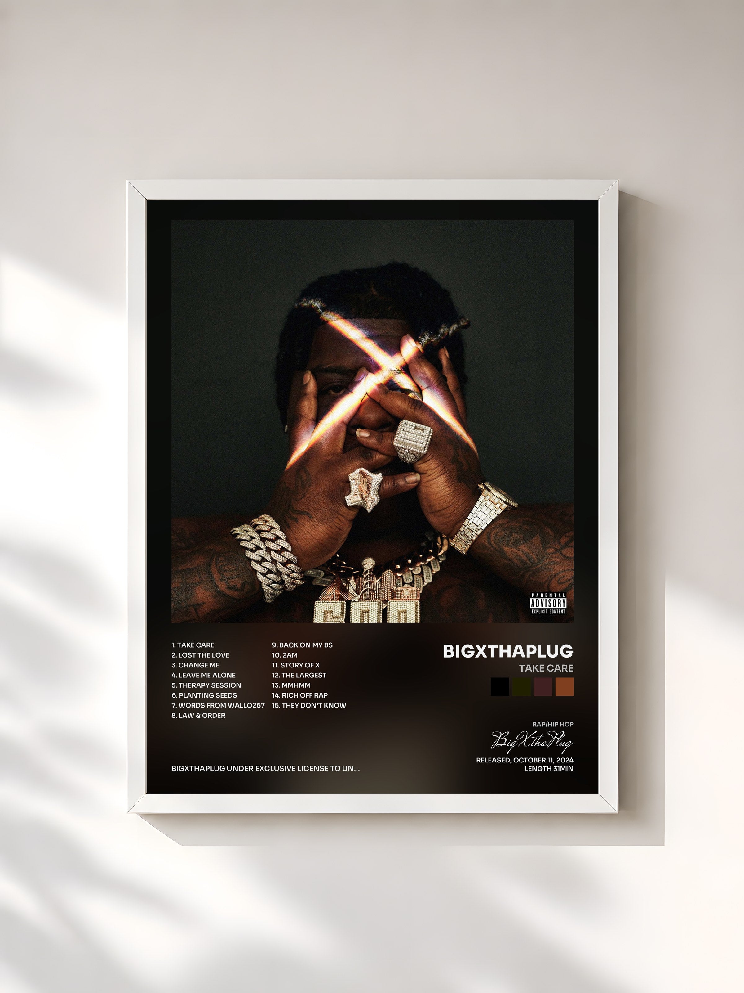 #blanc Tableau de l'album TAKE CARE de BigXthaPlug, cadre blanc, imprimé et encadré en France