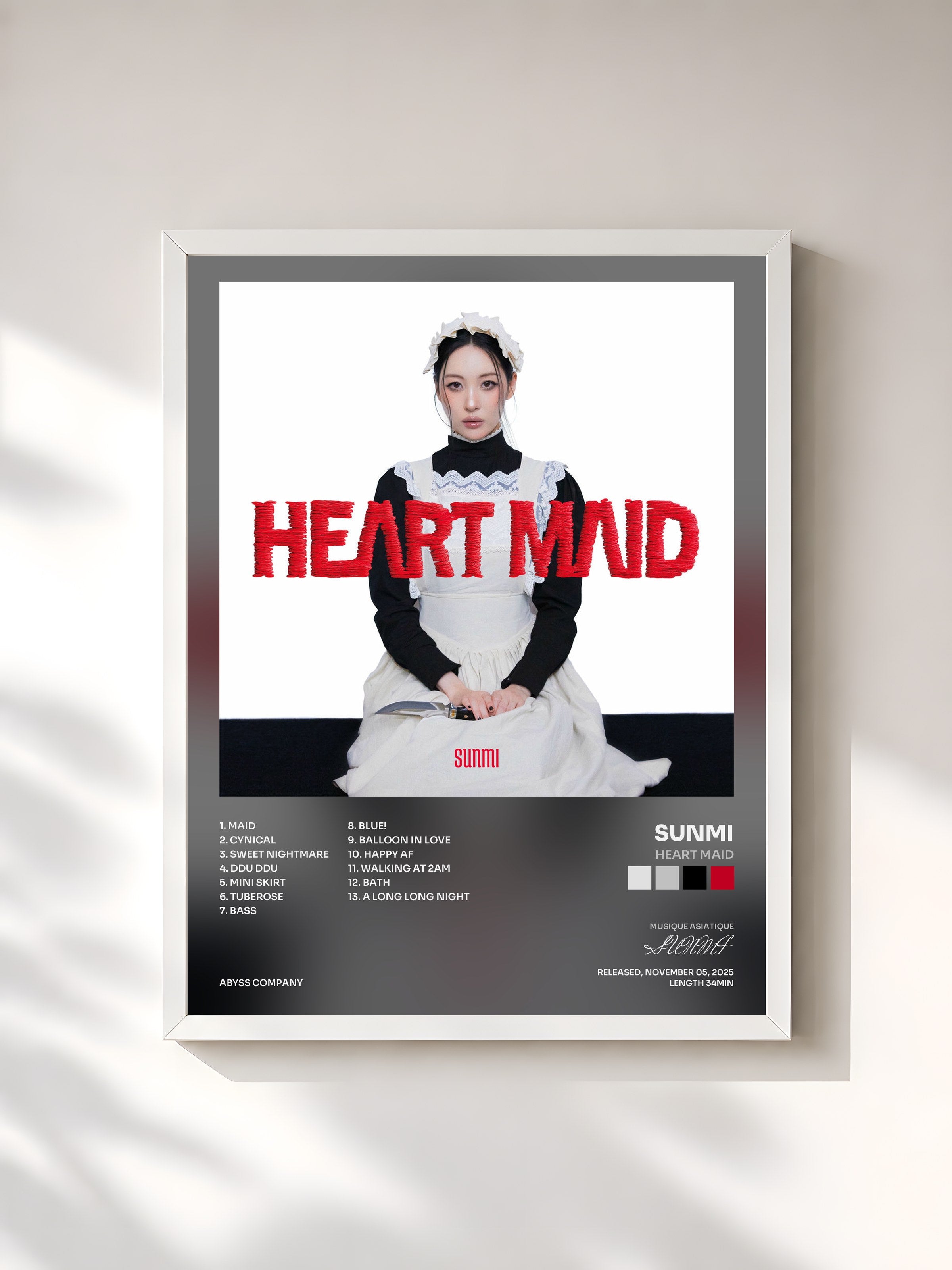 #blanc Tableau de l'album HEART MAID de SUNMI, cadre blanc, imprimé et encadré en France