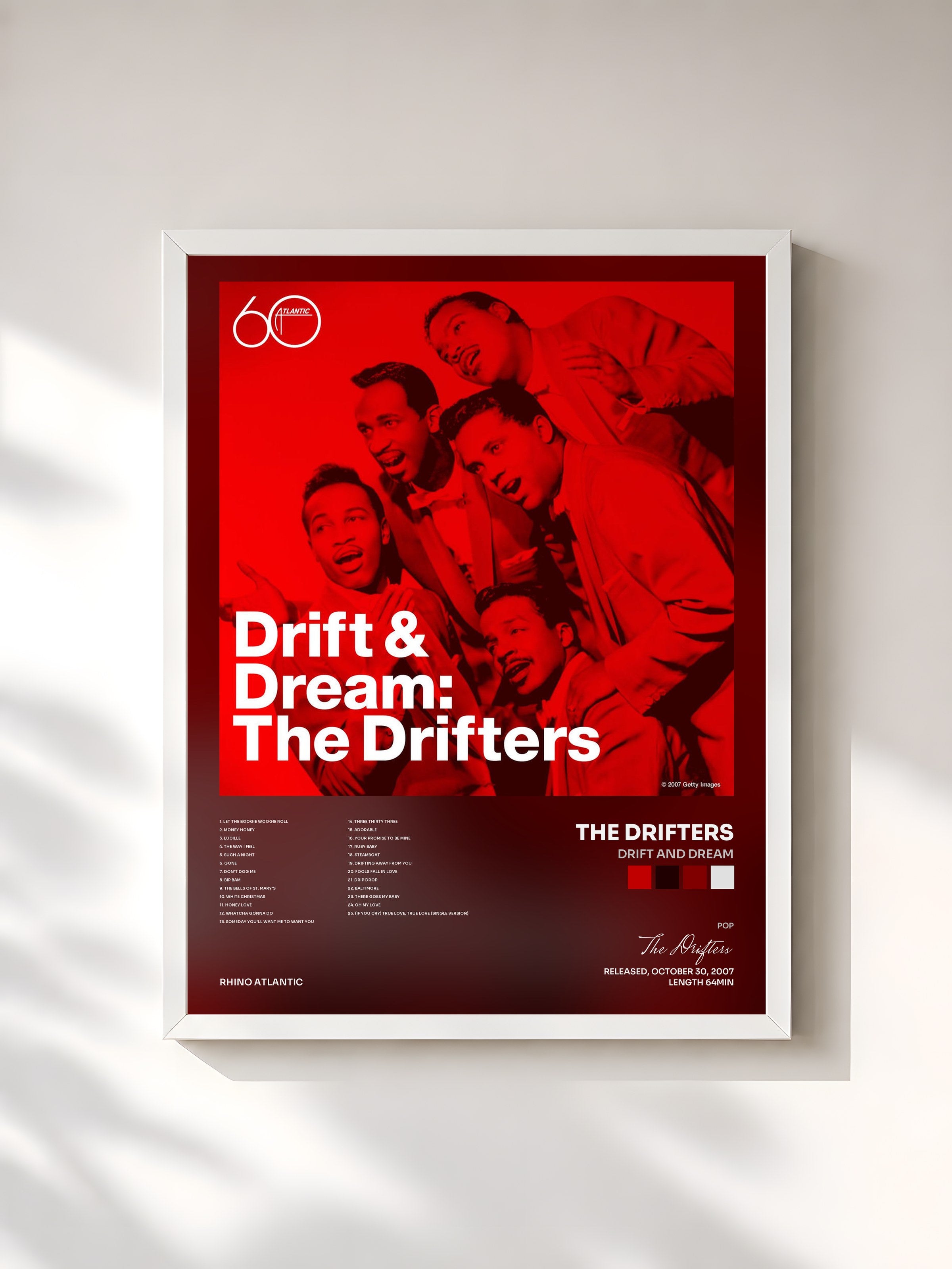 #blanc Tableau de l'album Drift and Dream de The Drifters, cadre blanc, imprimé et encadré en France
