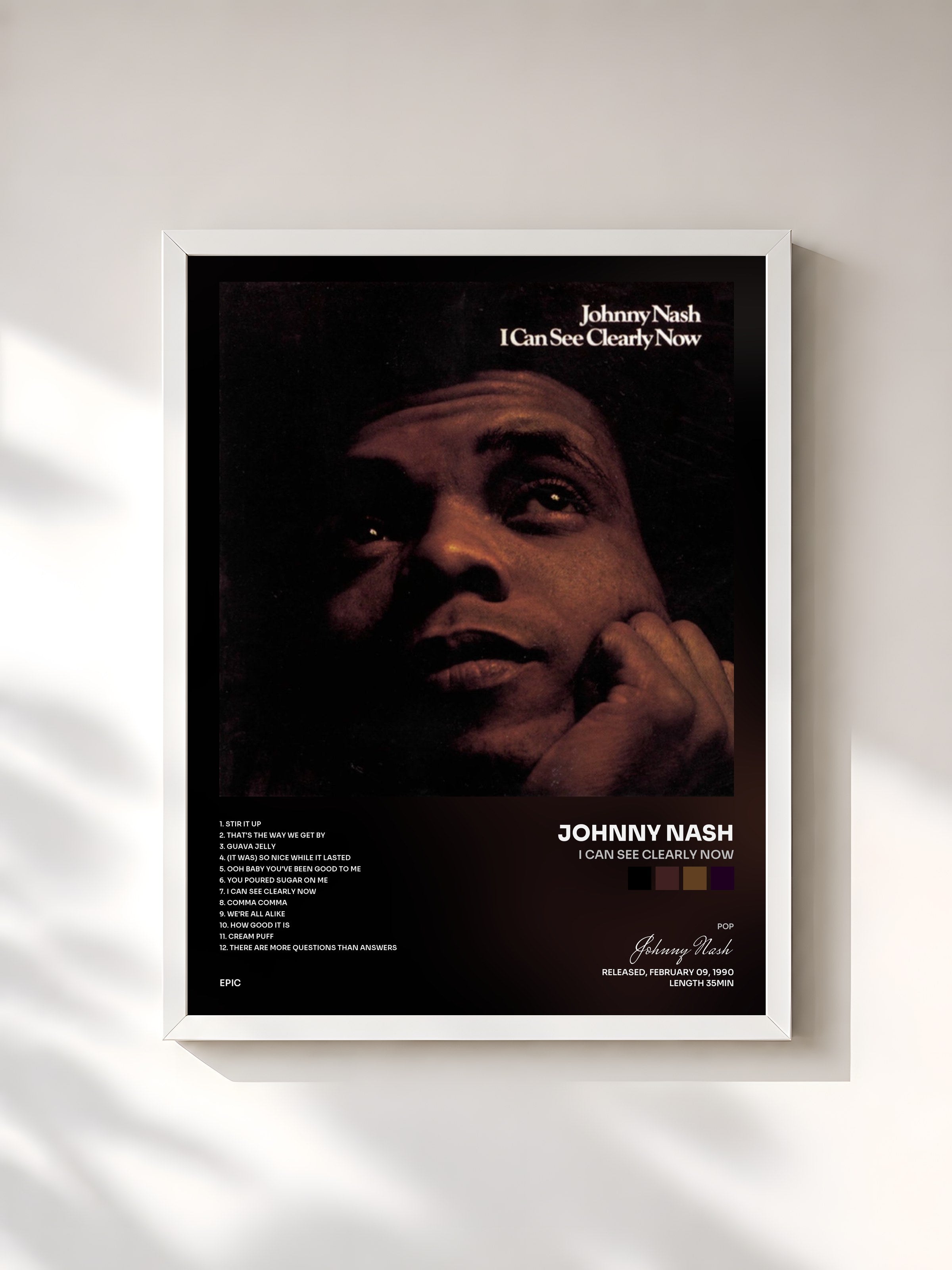 #blanc Tableau de l'album I Can See Clearly Now de Johnny Nash, cadre blanc, imprimé et encadré en France