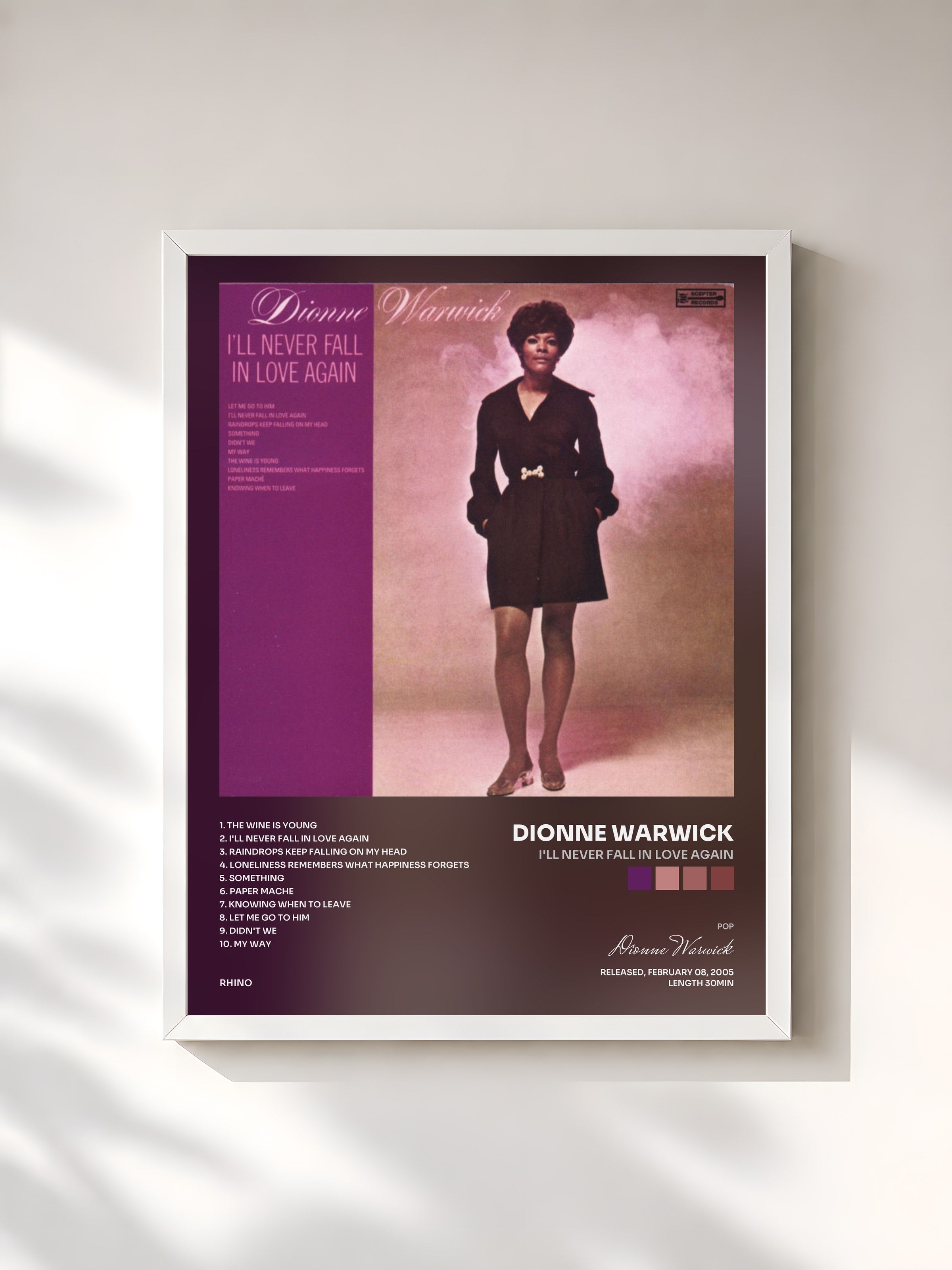 #blanc Tableau de l'album I'll Never Fall in Love Again de Dionne Warwick, cadre blanc, imprimé et encadré en France