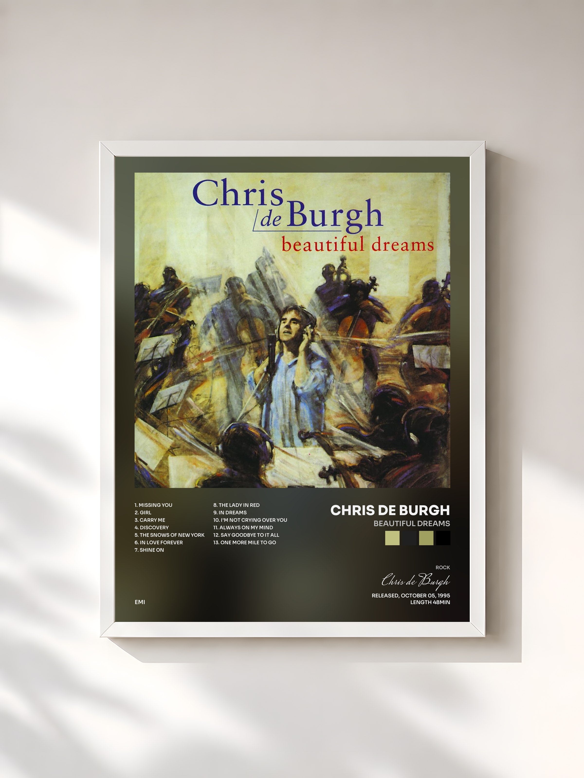 #blanc Tableau de l'album Beautiful Dreams de Chris de Burgh, cadre blanc, imprimé et encadré en France