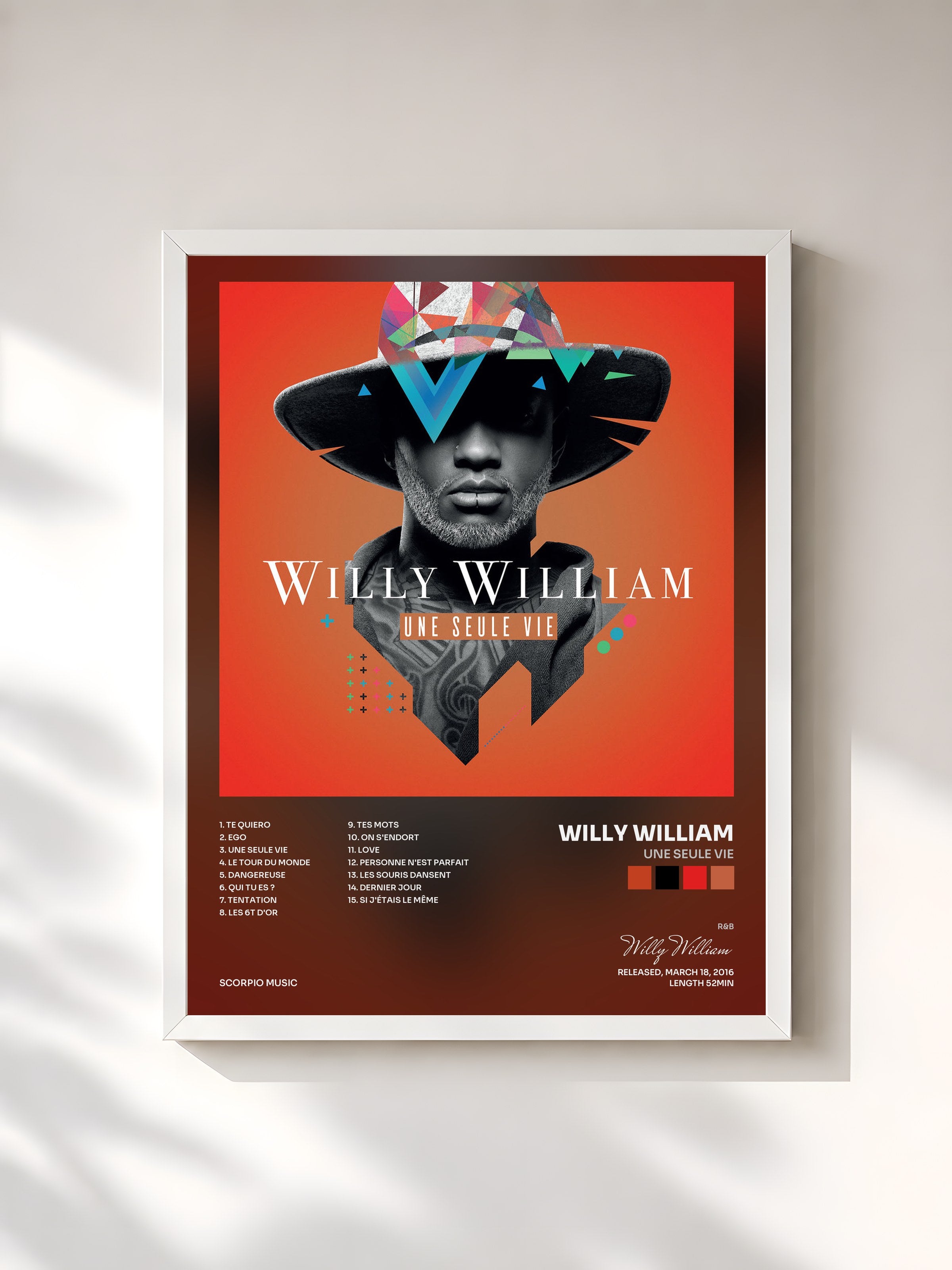 #blanc Tableau de l'album Une seule vie de Willy William, cadre blanc, imprimé et encadré en France