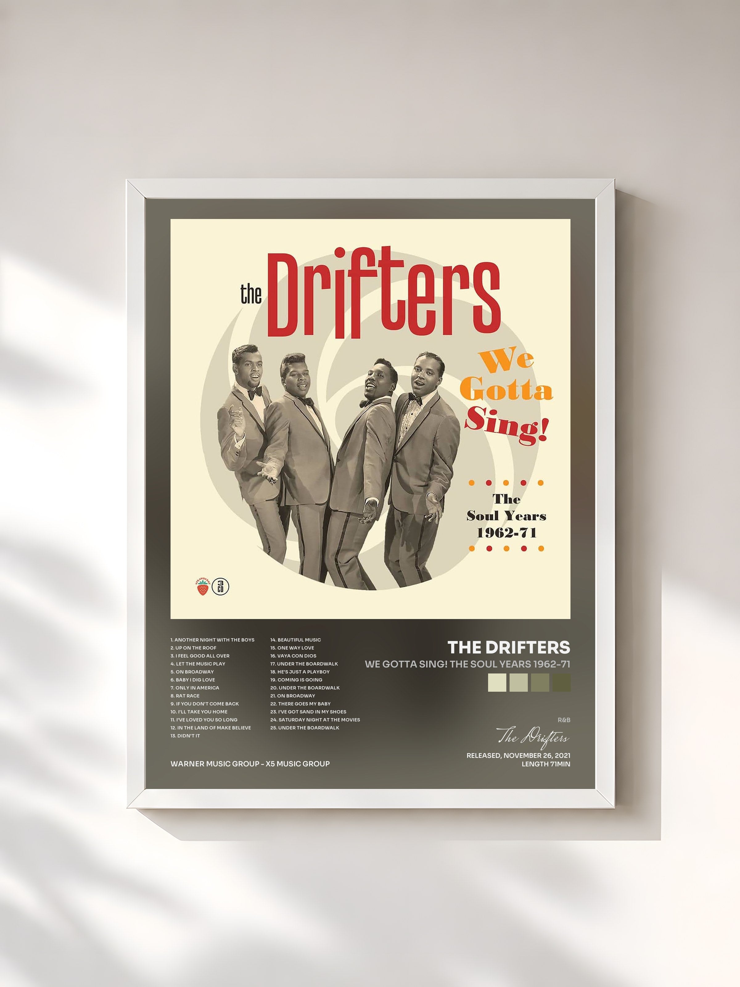 #blanc Tableau de l'album We Gotta Sing! The Soul Years 1962-71 de The Drifters, cadre blanc, imprimé et encadré en France