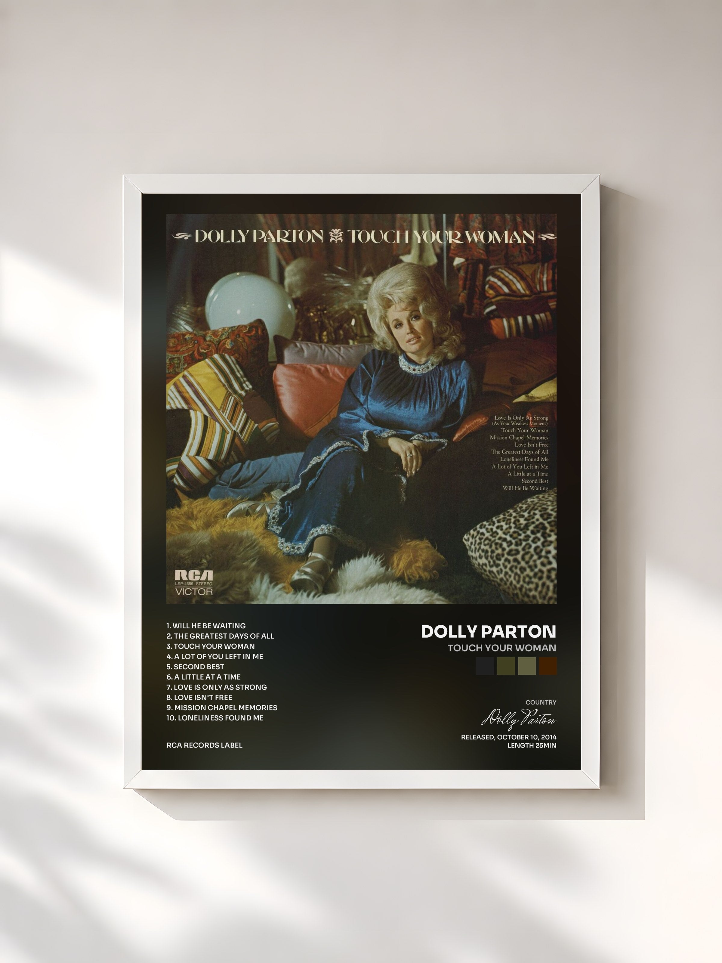 #blanc Tableau de l'album Touch Your Woman de Dolly Parton, cadre blanc, imprimé et encadré en France