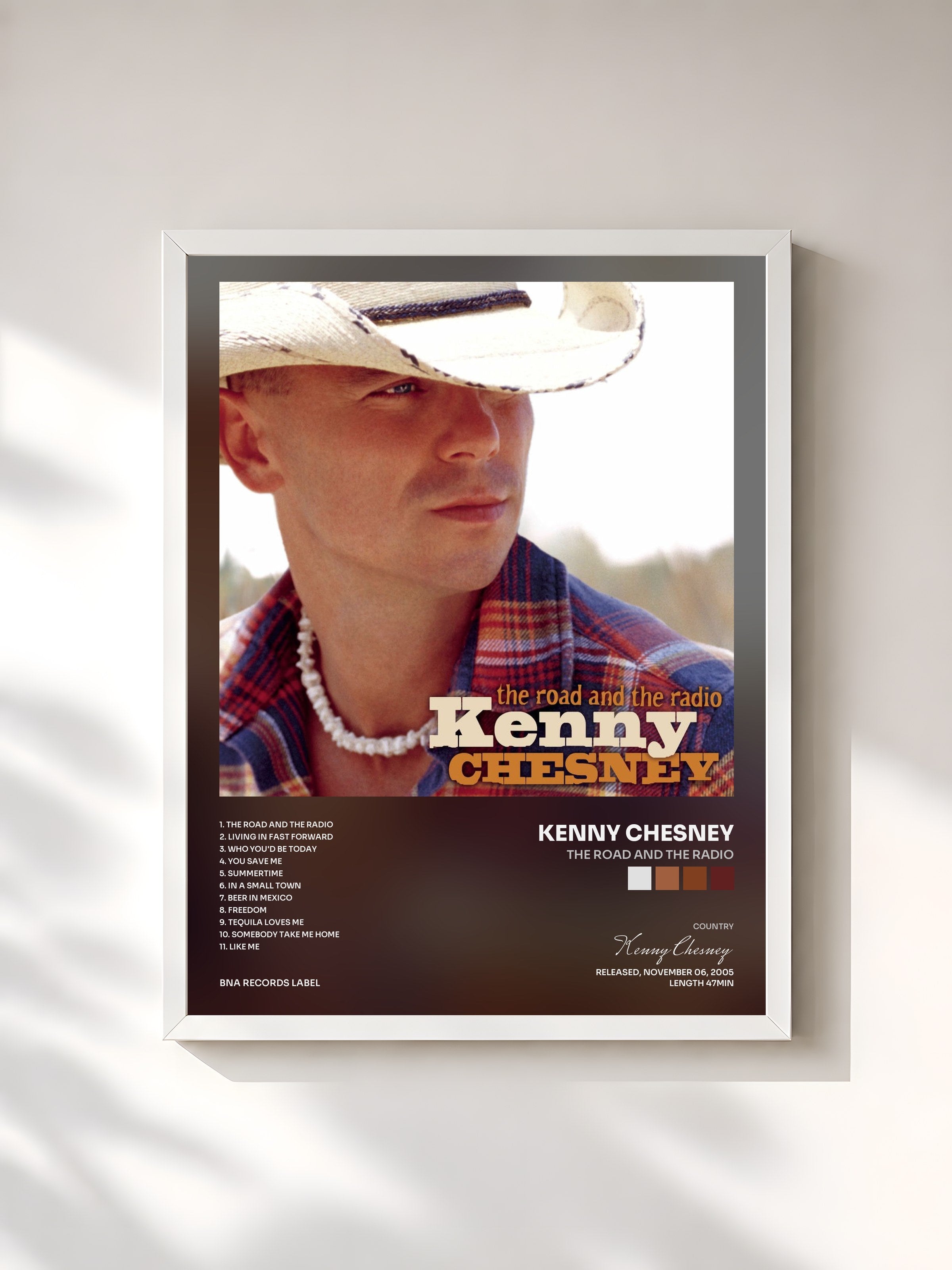 #blanc Tableau de l'album The Road And The Radio de Kenny Chesney, cadre blanc, imprimé et encadré en France