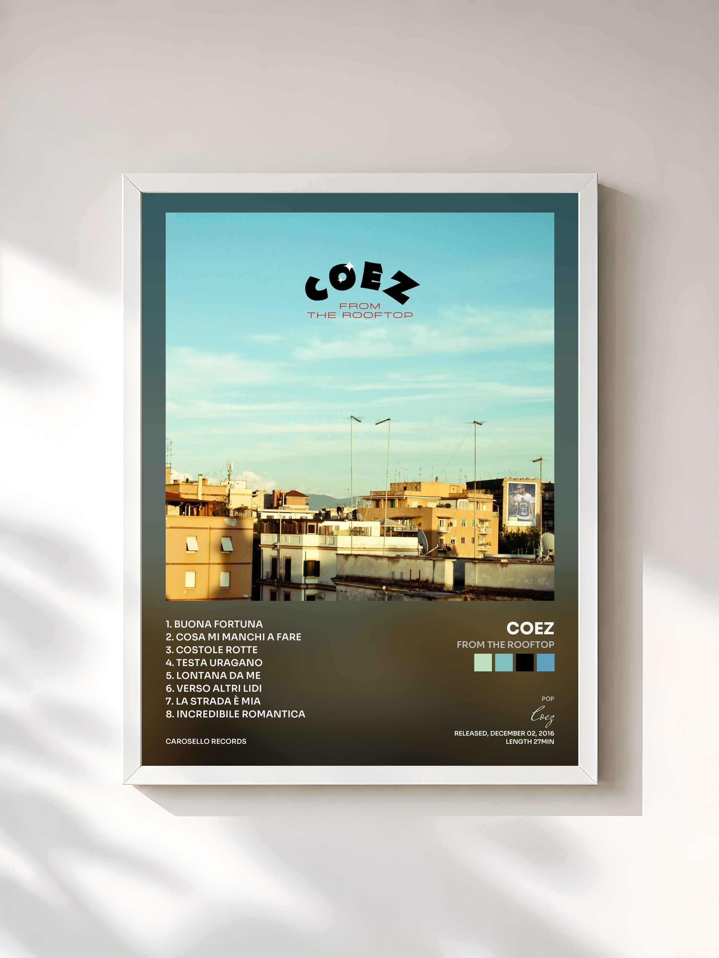 #blanc Tableau de l'album From the Rooftop de Coez, cadre blanc, imprimé et encadré en France