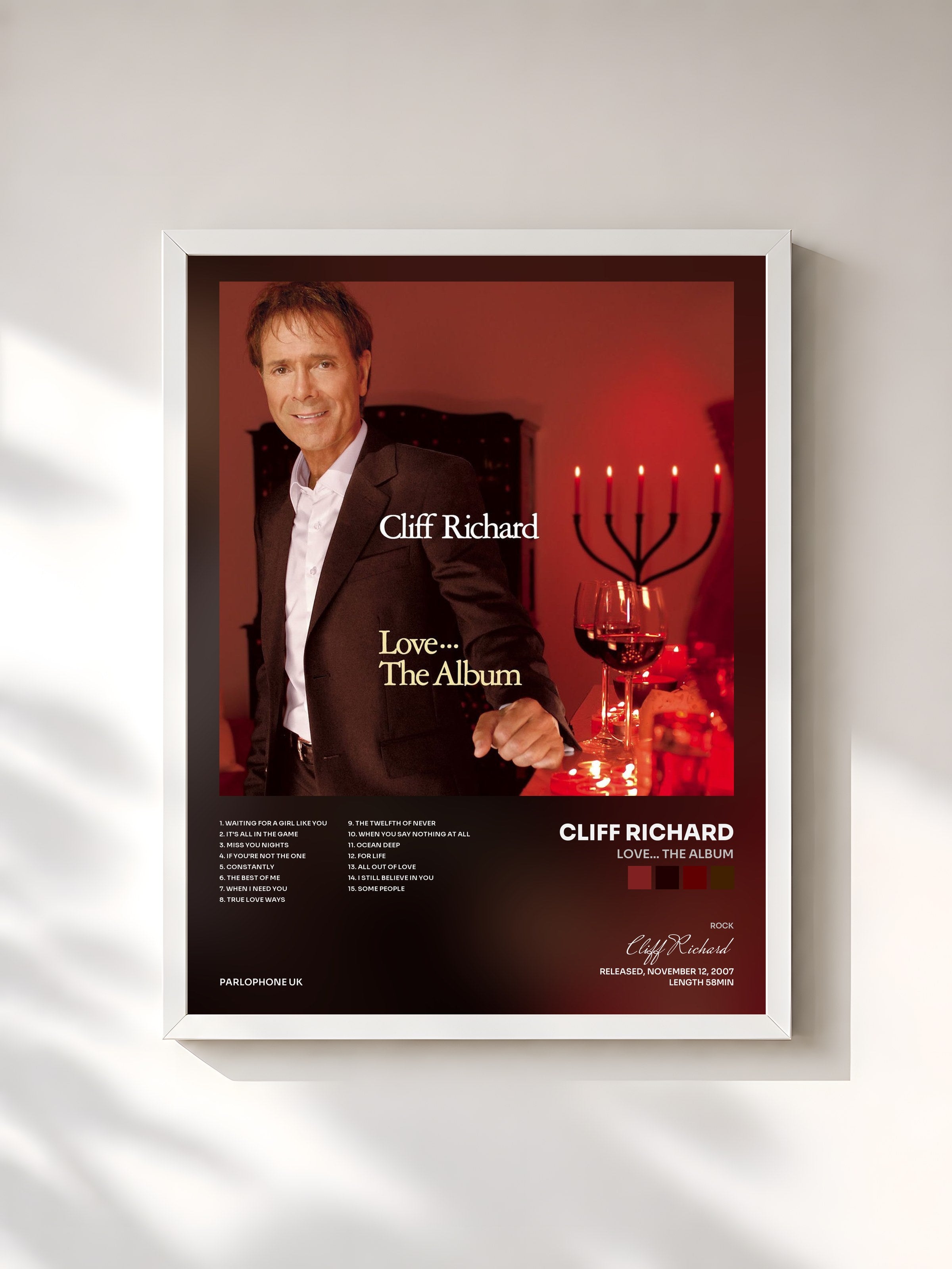 #blanc Tableau de l'album Love... The Album de Cliff Richard, cadre blanc, imprimé et encadré en France