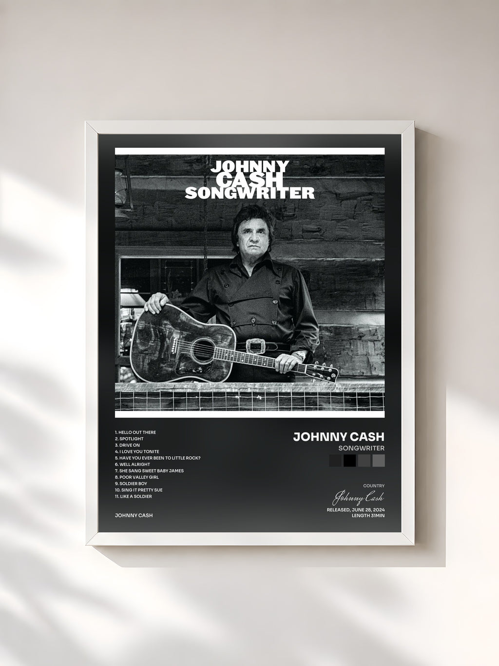 #blanc Tableau de l'album Songwriter de Johnny Cash, cadre blanc, imprimé et encadré en France