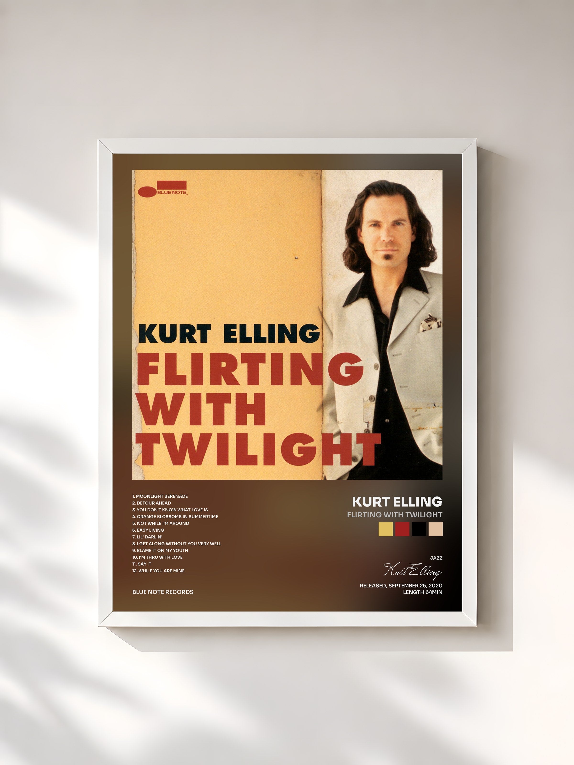 #blanc Tableau de l'album Flirting With Twilight de Kurt Elling, cadre blanc, imprimé et encadré en France