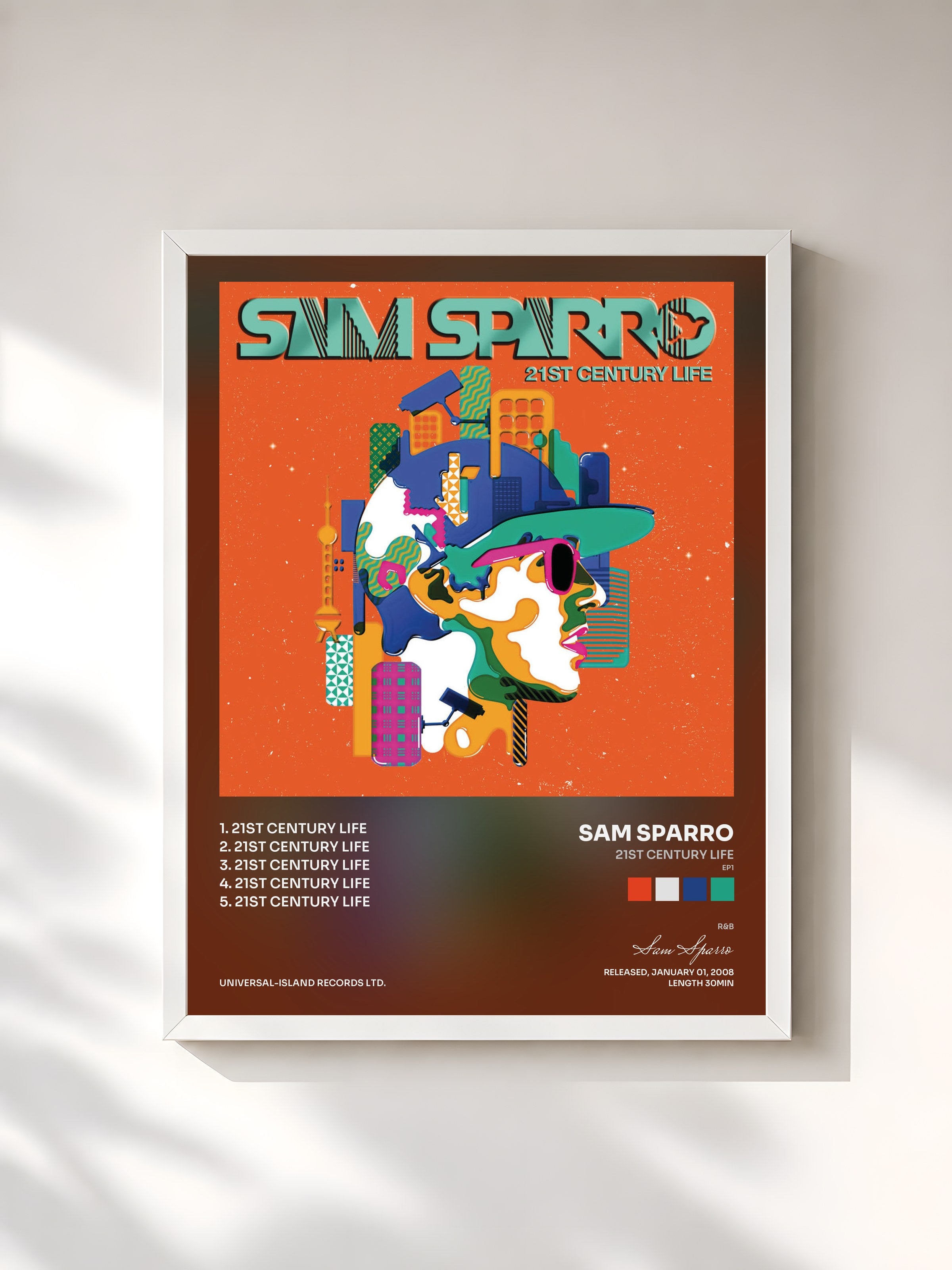 #blanc Tableau de l'album 21st Century Life (EP1) de Sam Sparro, cadre blanc, imprimé et encadré en France