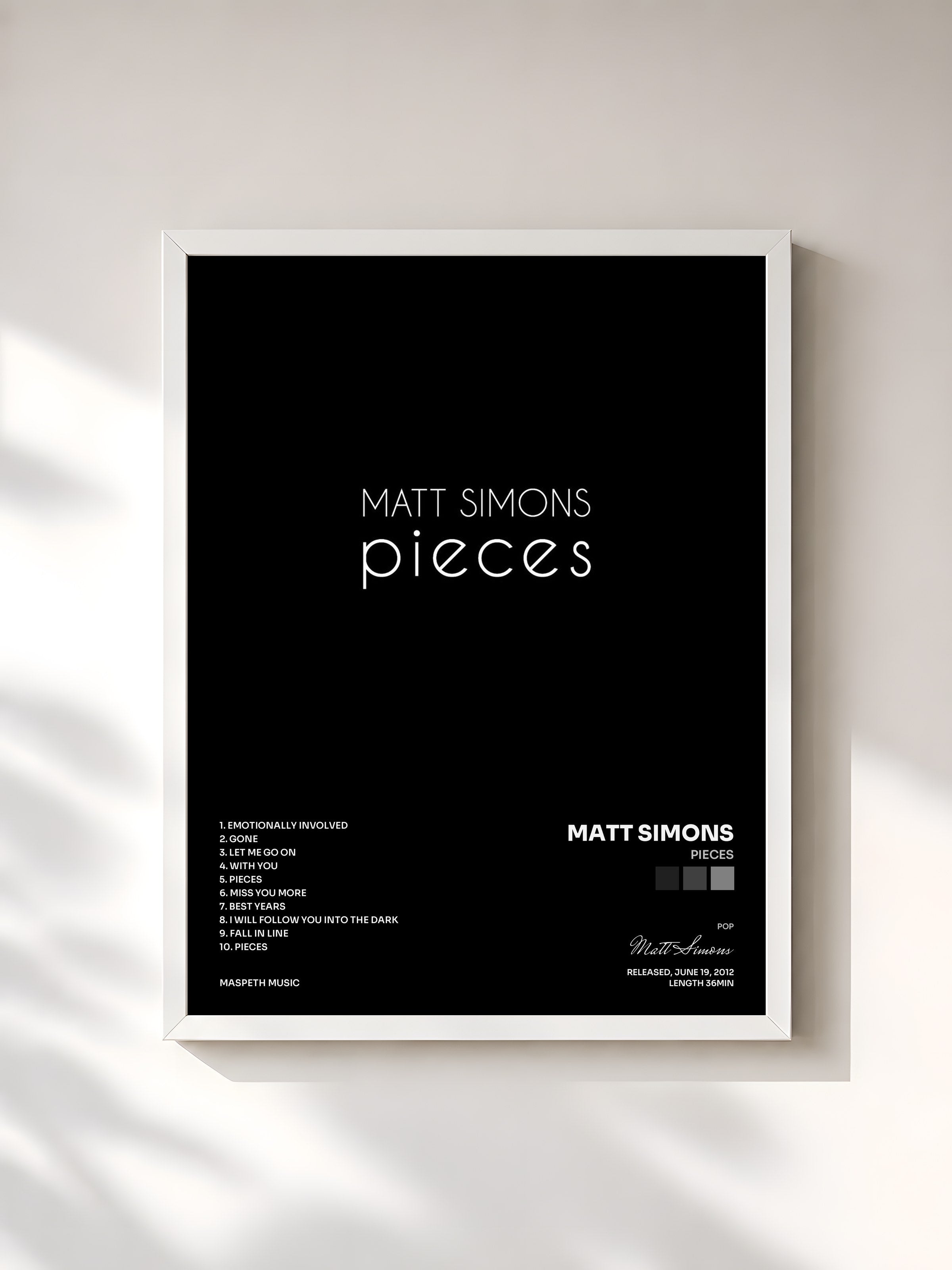 #blanc Tableau de l'album Pieces de Matt Simons, cadre blanc, imprimé et encadré en France