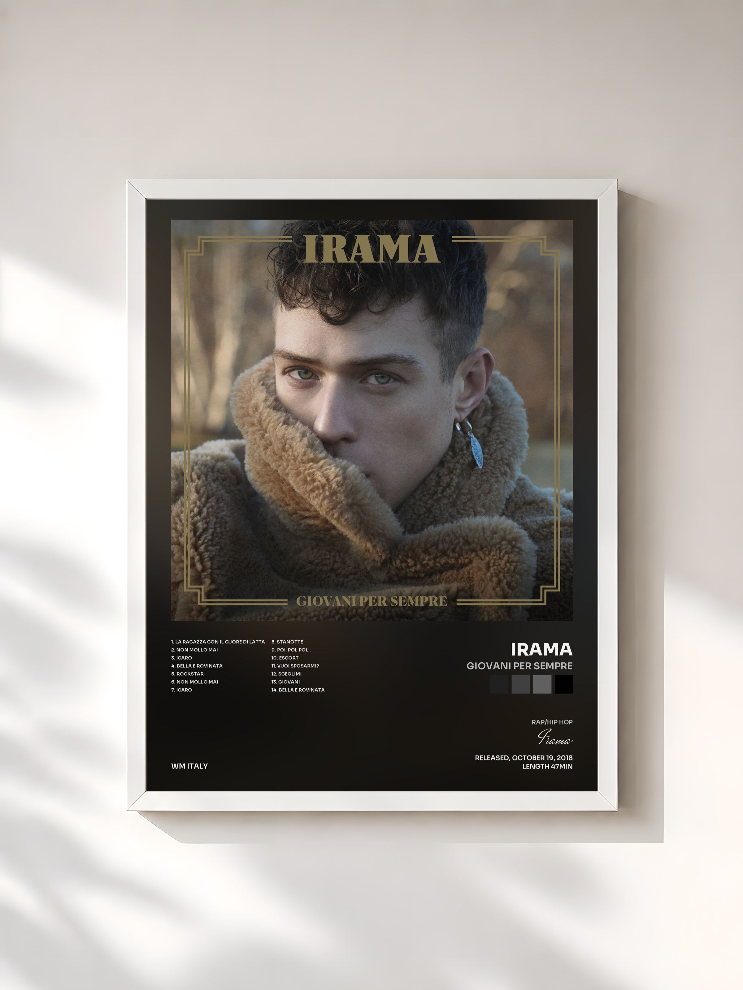 #blanc Tableau de l'album Giovani per sempre de Irama, cadre blanc, imprimé et encadré en France