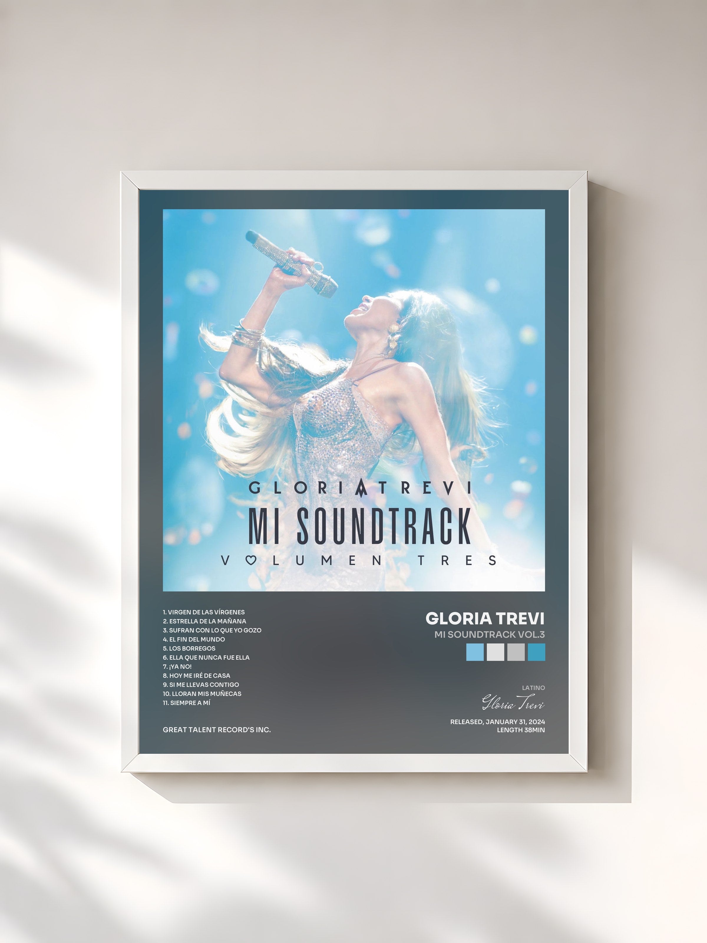 #blanc Tableau de l'album Mi Soundtrack Vol.3 de Gloria Trevi, cadre blanc, imprimé et encadré en France