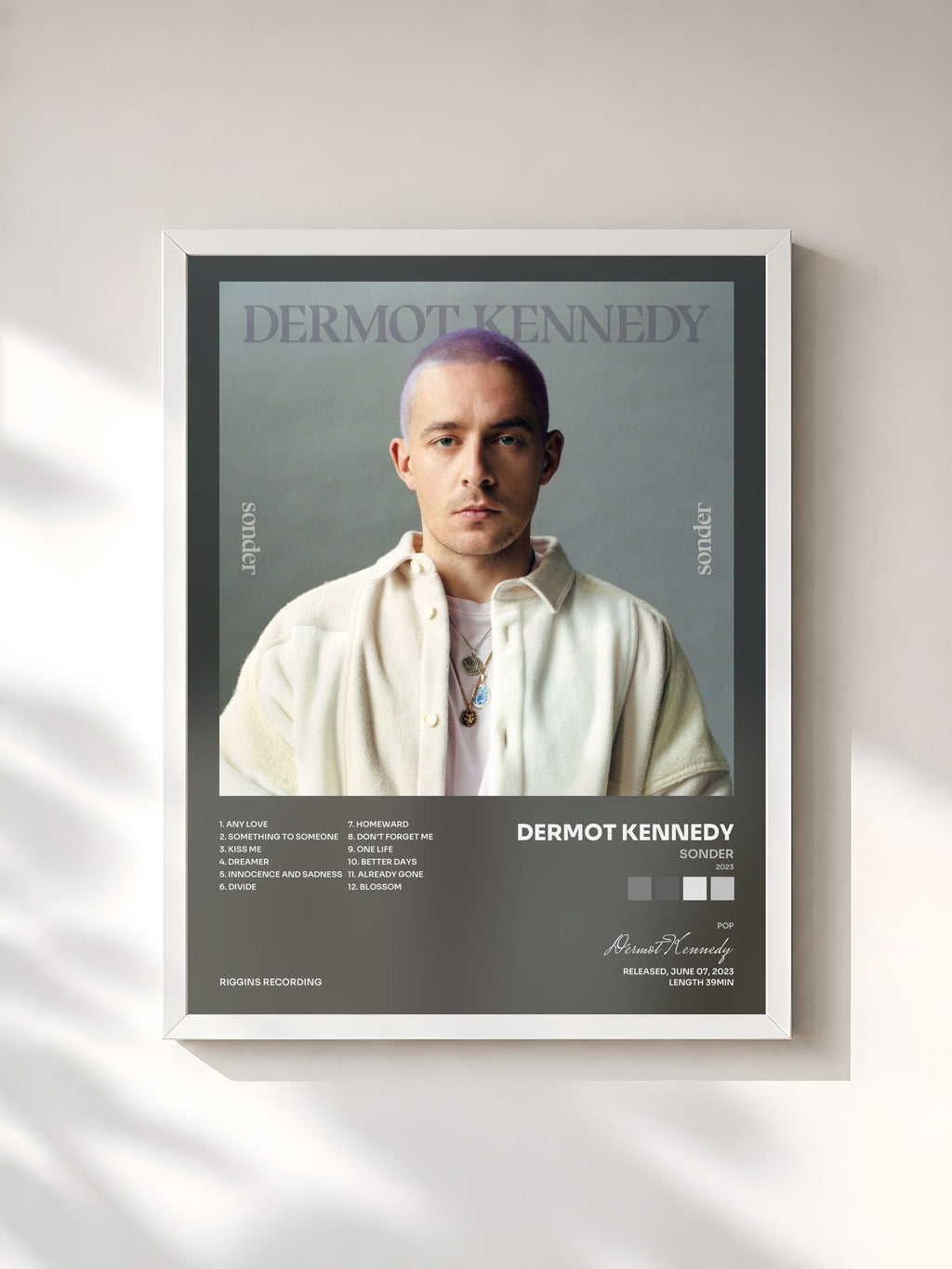 #blanc Tableau de l'album Sonder (2023) de Dermot Kennedy, cadre blanc, imprimé et encadré en France