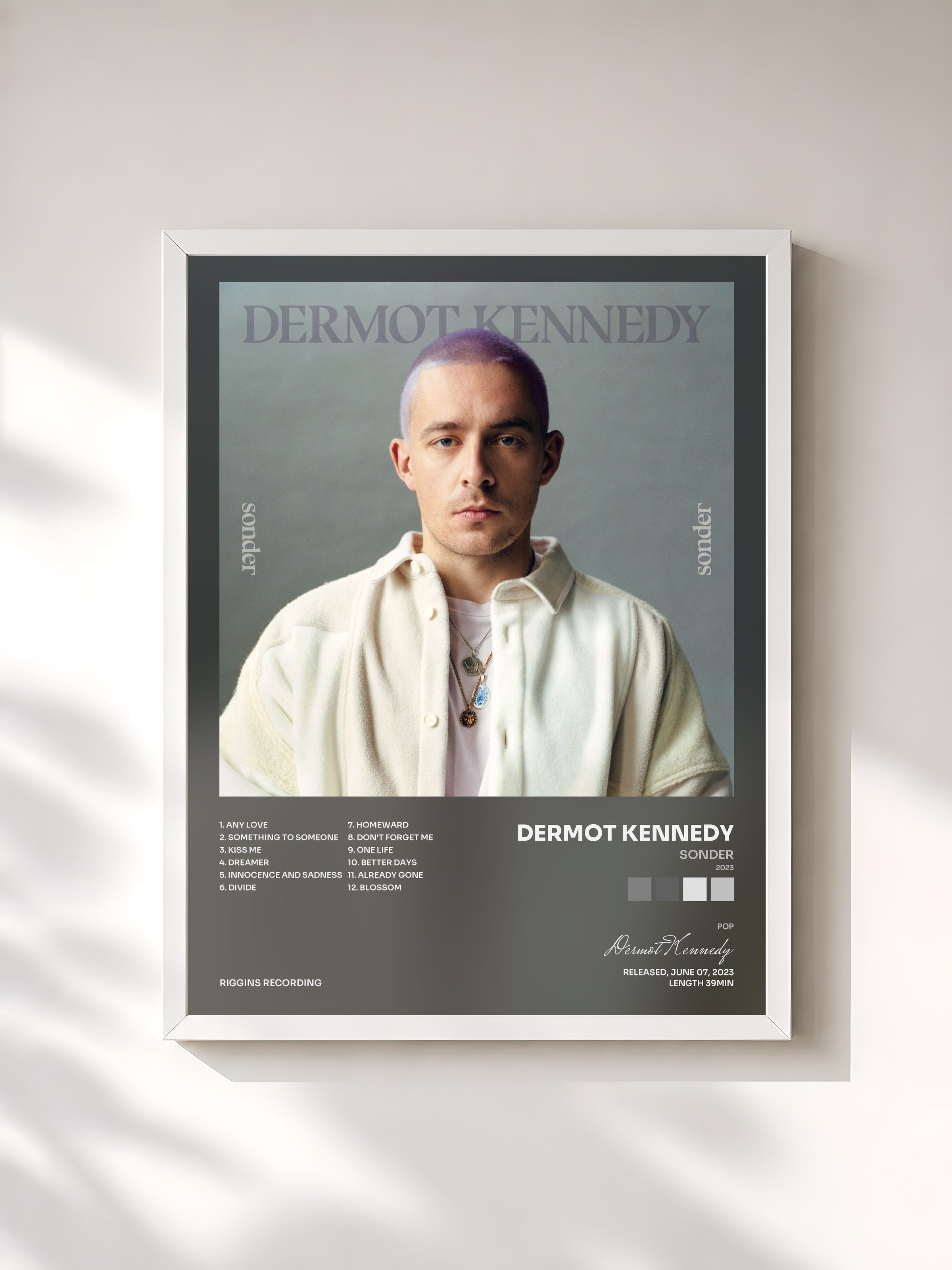 #blanc Tableau de l'album Sonder (2023) de Dermot Kennedy, cadre blanc, imprimé et encadré en France