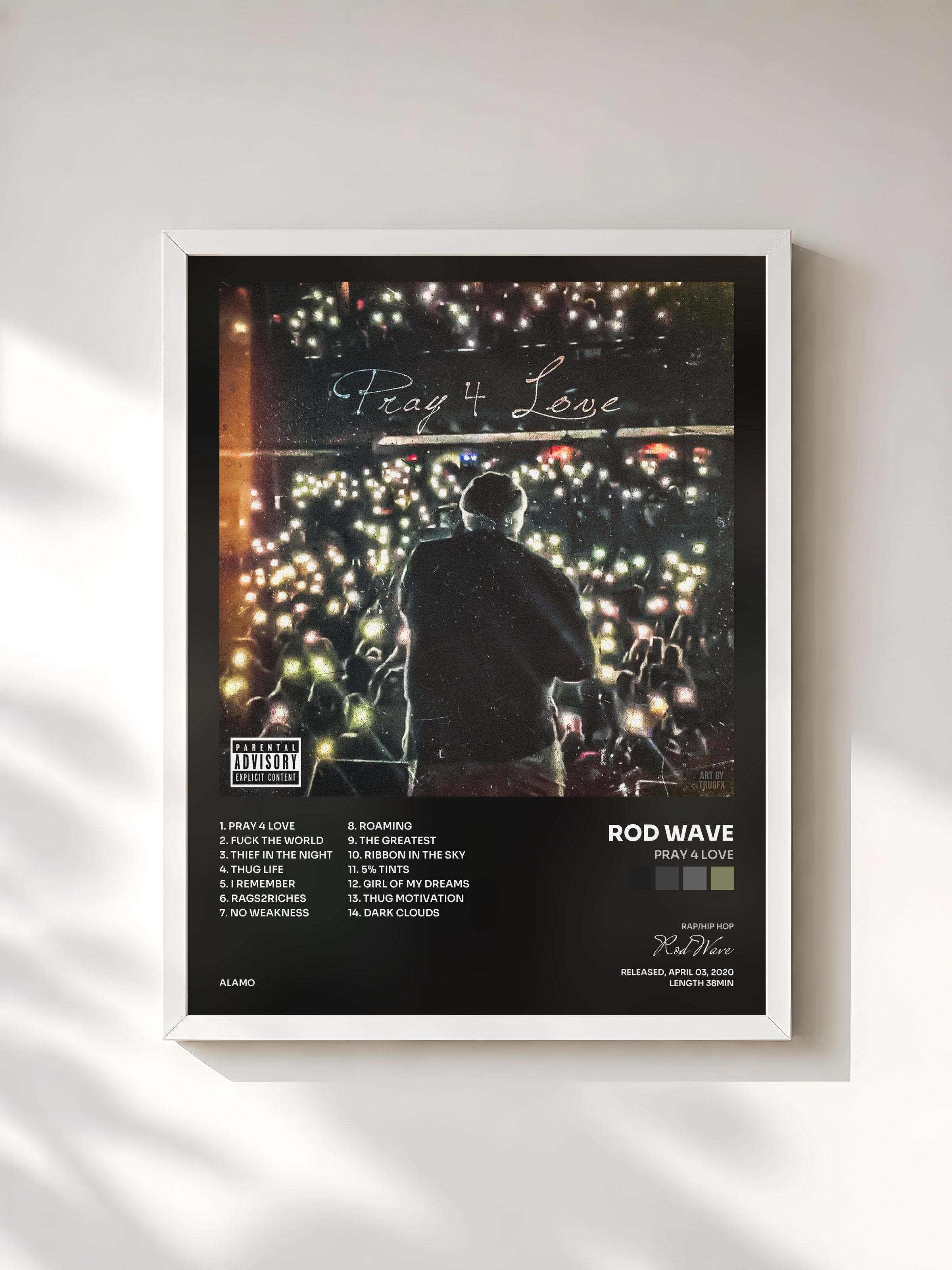 #blanc Tableau de l'album Pray 4 Love de Rod Wave, cadre blanc, imprimé et encadré en France