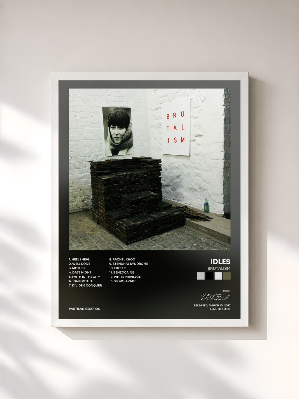 #blanc Tableau de l'album Brutalism de IDLES, cadre blanc, imprimé et encadré en France