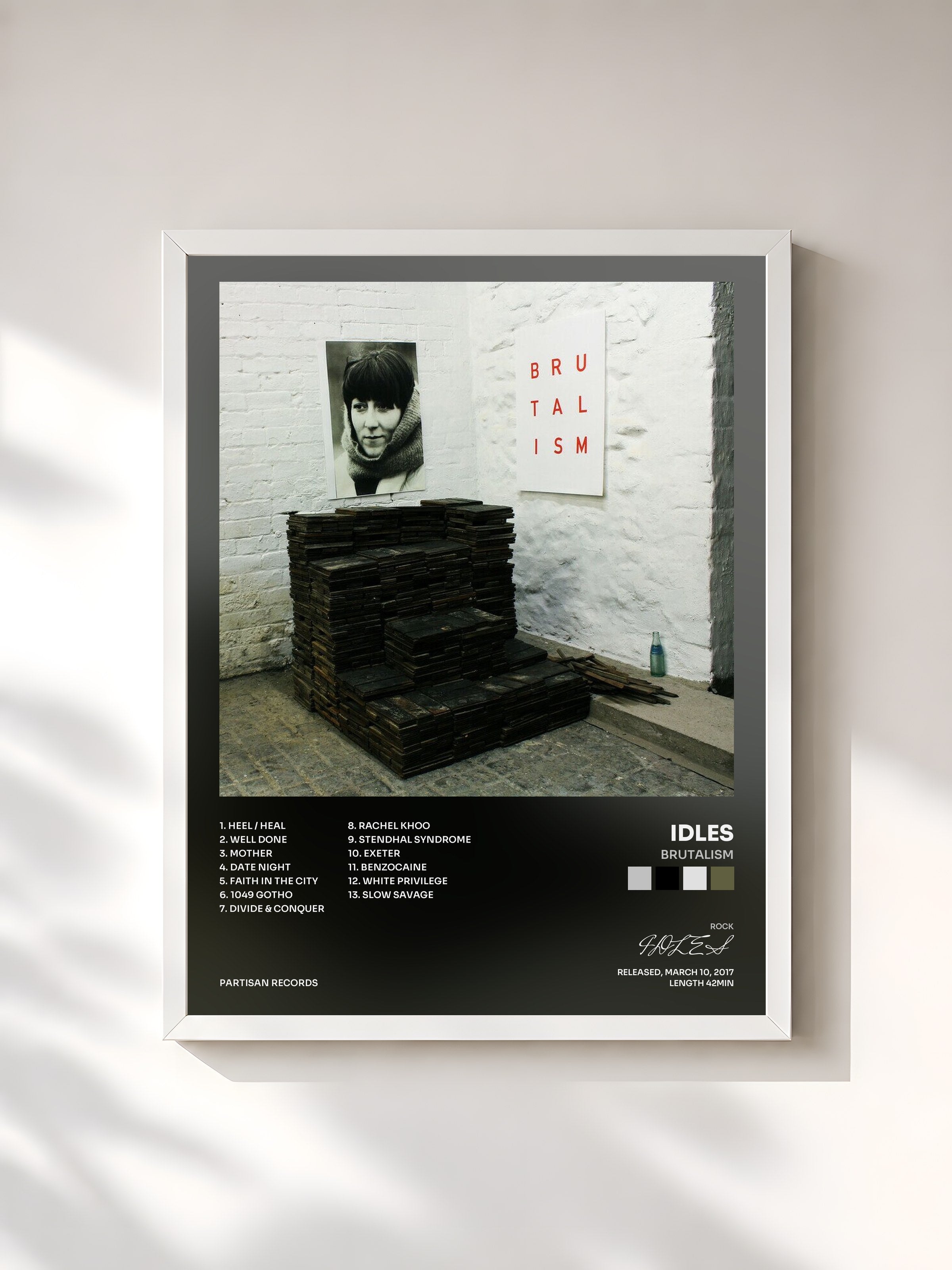 #blanc Tableau de l'album Brutalism de IDLES, cadre blanc, imprimé et encadré en France