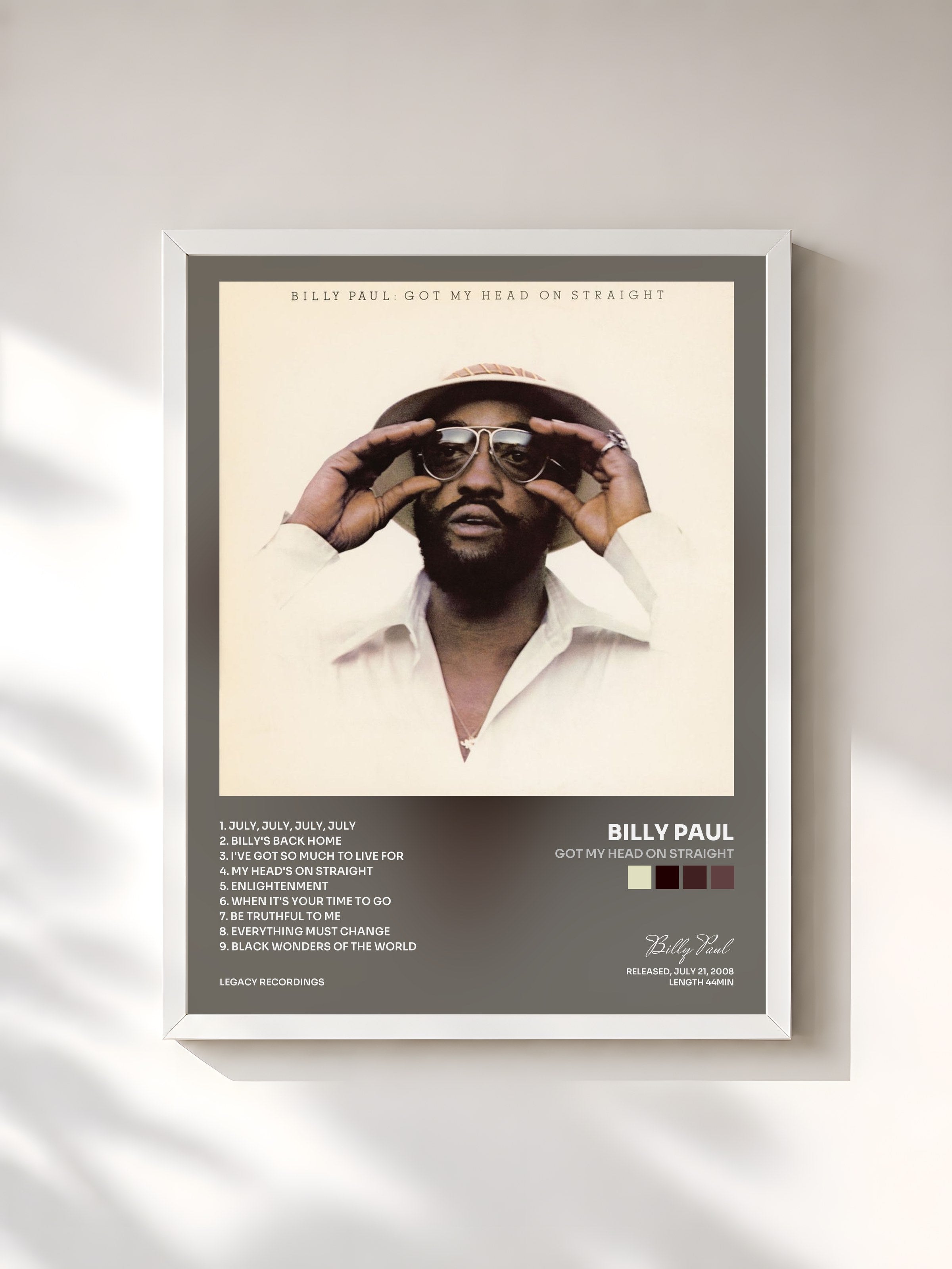 #blanc Tableau de l'album Got My Head On Straight de Billy Paul, cadre blanc, imprimé et encadré en France