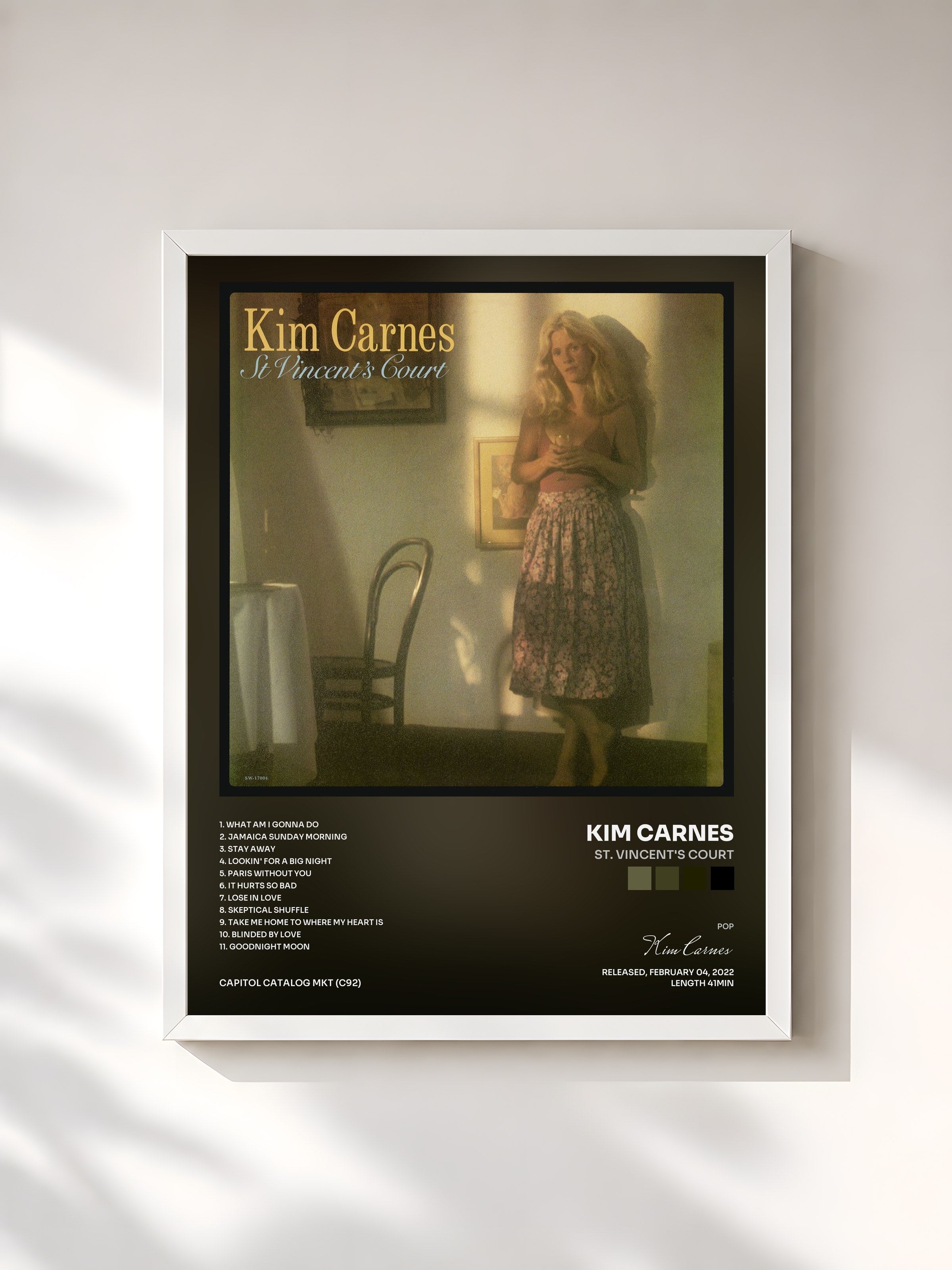 #blanc Tableau de l'album St. Vincent's Court de Kim Carnes, cadre blanc, imprimé et encadré en France
