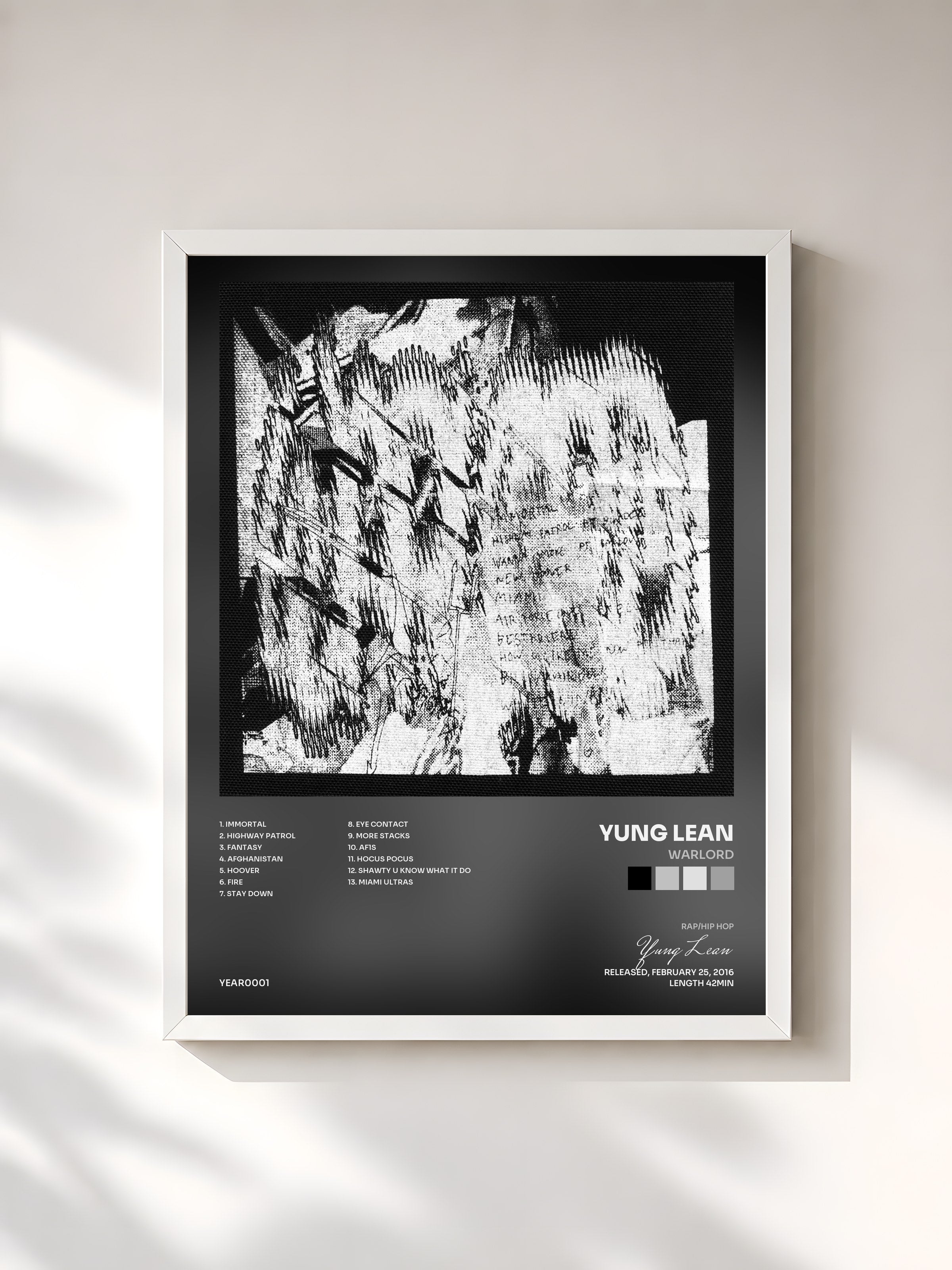 #blanc Tableau de l'album Warlord de Yung Lean, cadre blanc, imprimé et encadré en France
