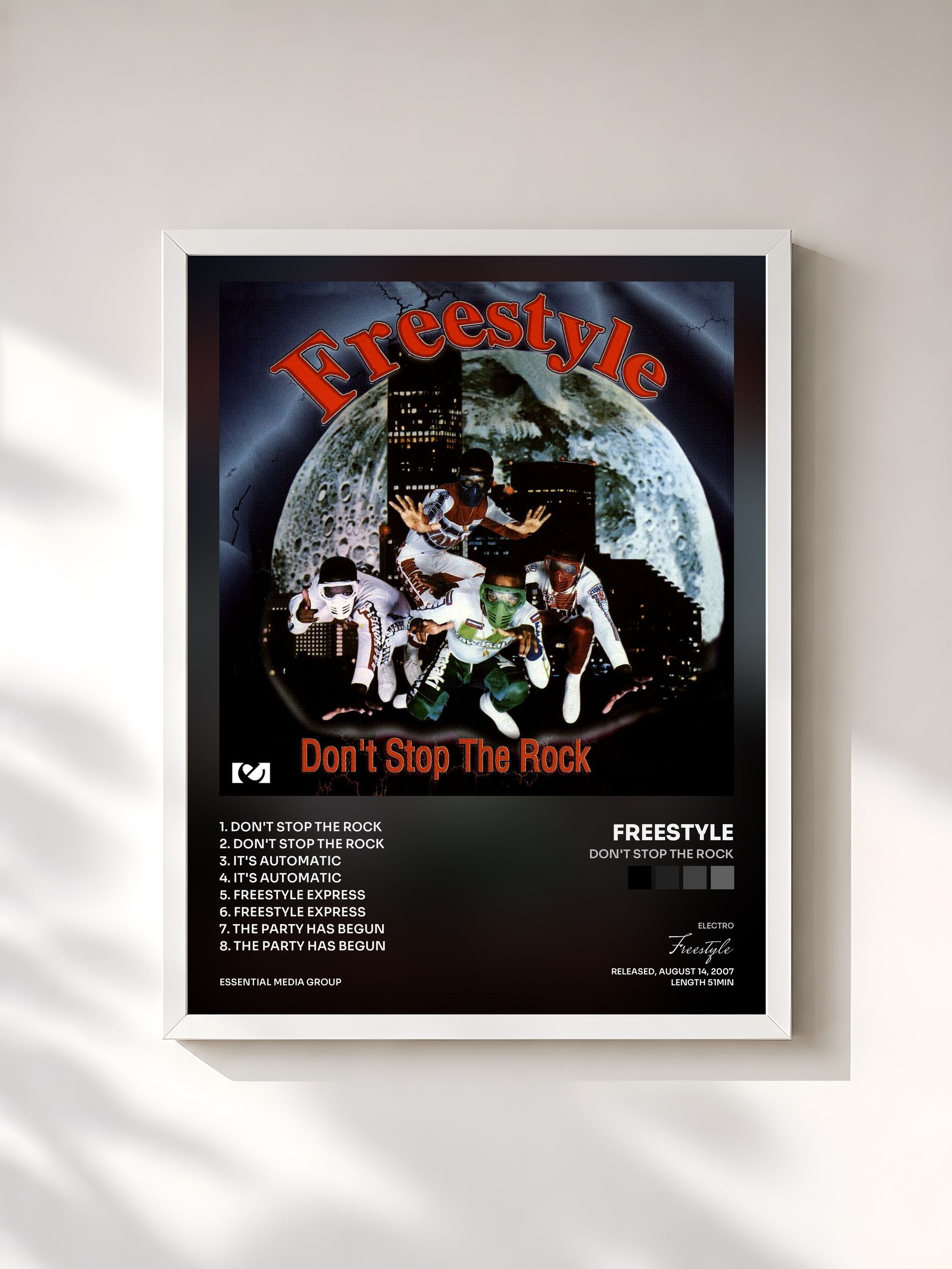 #blanc Tableau de l'album Don't Stop The Rock de Freestyle, cadre blanc, imprimé et encadré en France