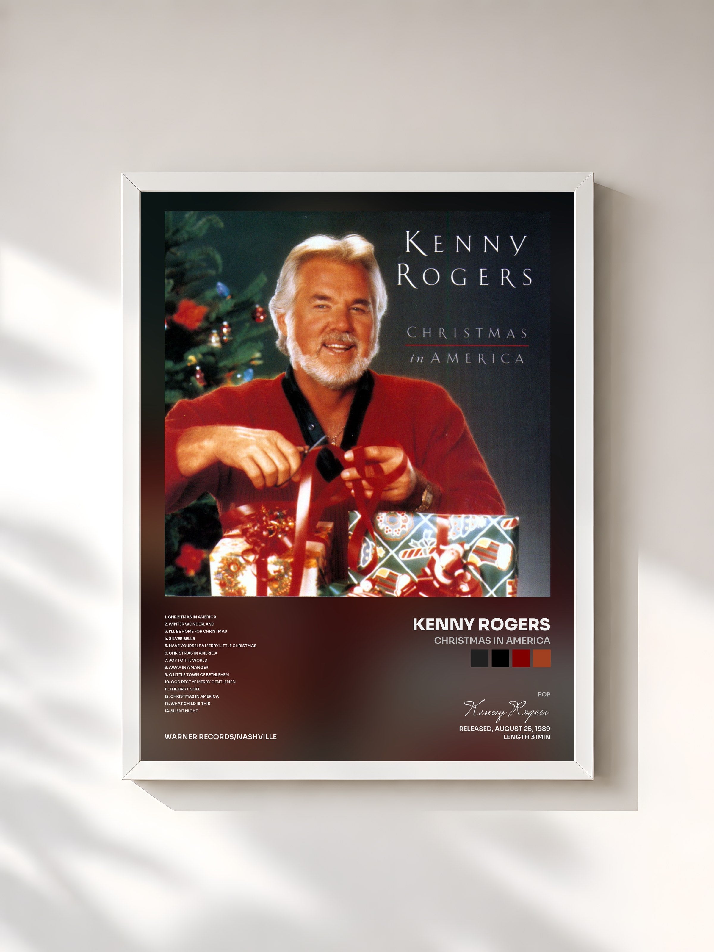 #blanc Tableau de l'album Christmas In America de Kenny Rogers, cadre blanc, imprimé et encadré en France