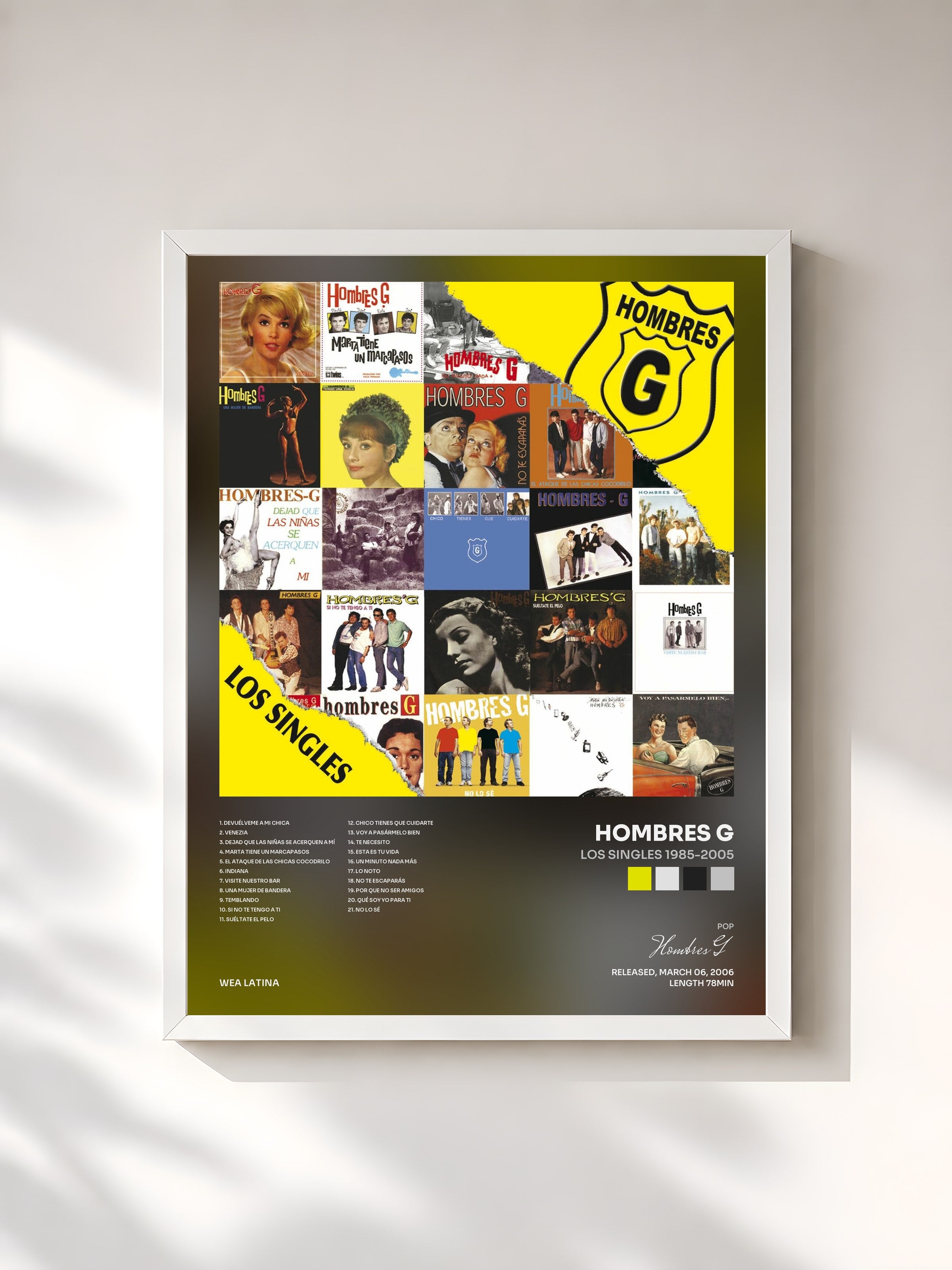 #blanc Tableau de l'album Los Singles 1985-2005 de Hombres G, cadre blanc, imprimé et encadré en France