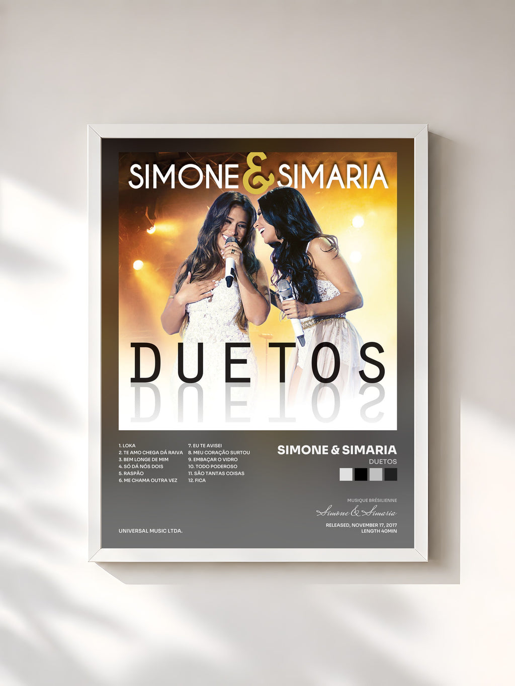 #blanc Tableau de l'album Duetos de Simone & Simaria, cadre blanc, imprimé et encadré en France