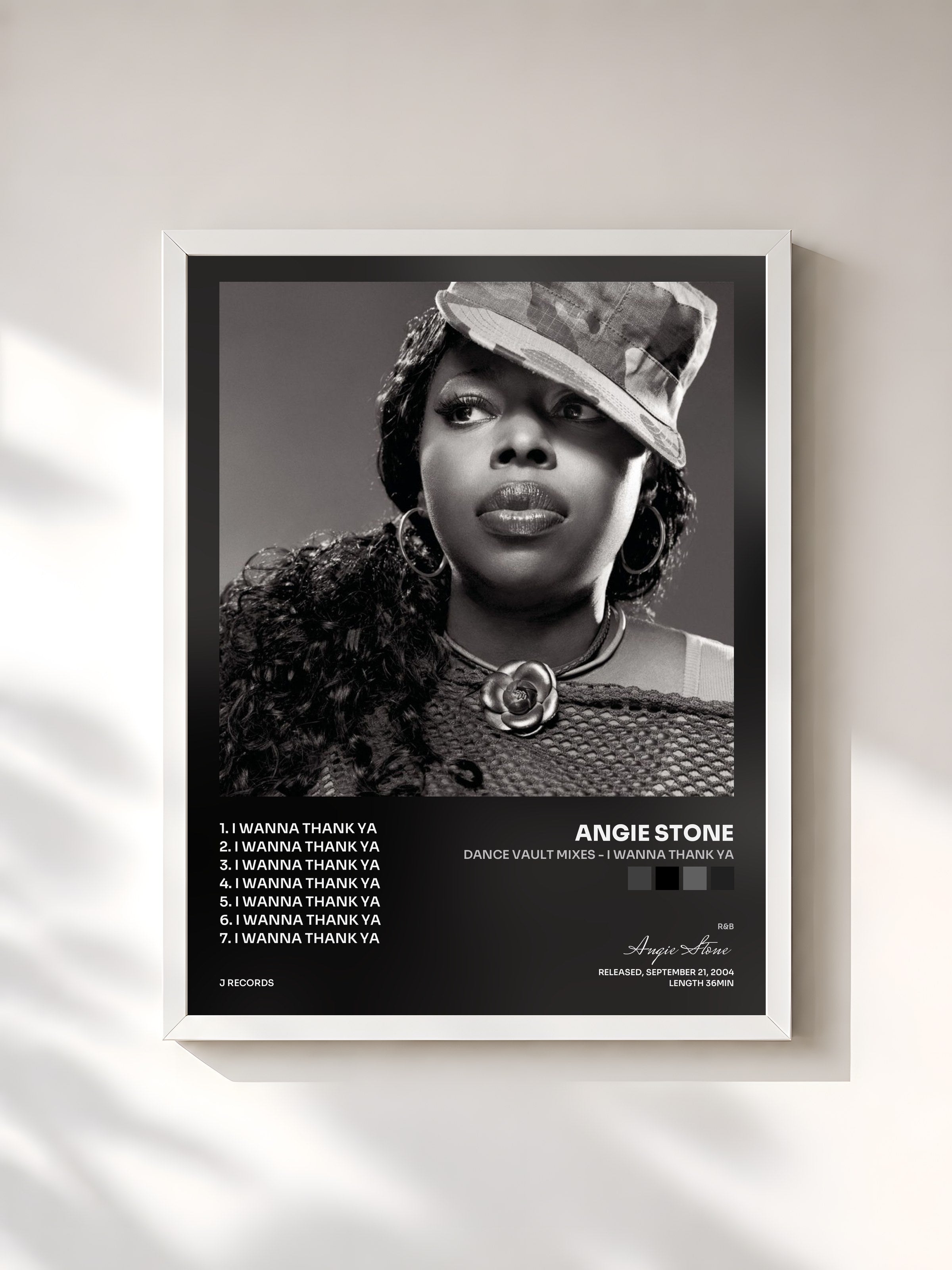 #blanc Tableau de l'album Dance Vault Mixes - I Wanna Thank Ya de Angie Stone, cadre blanc, imprimé et encadré en France