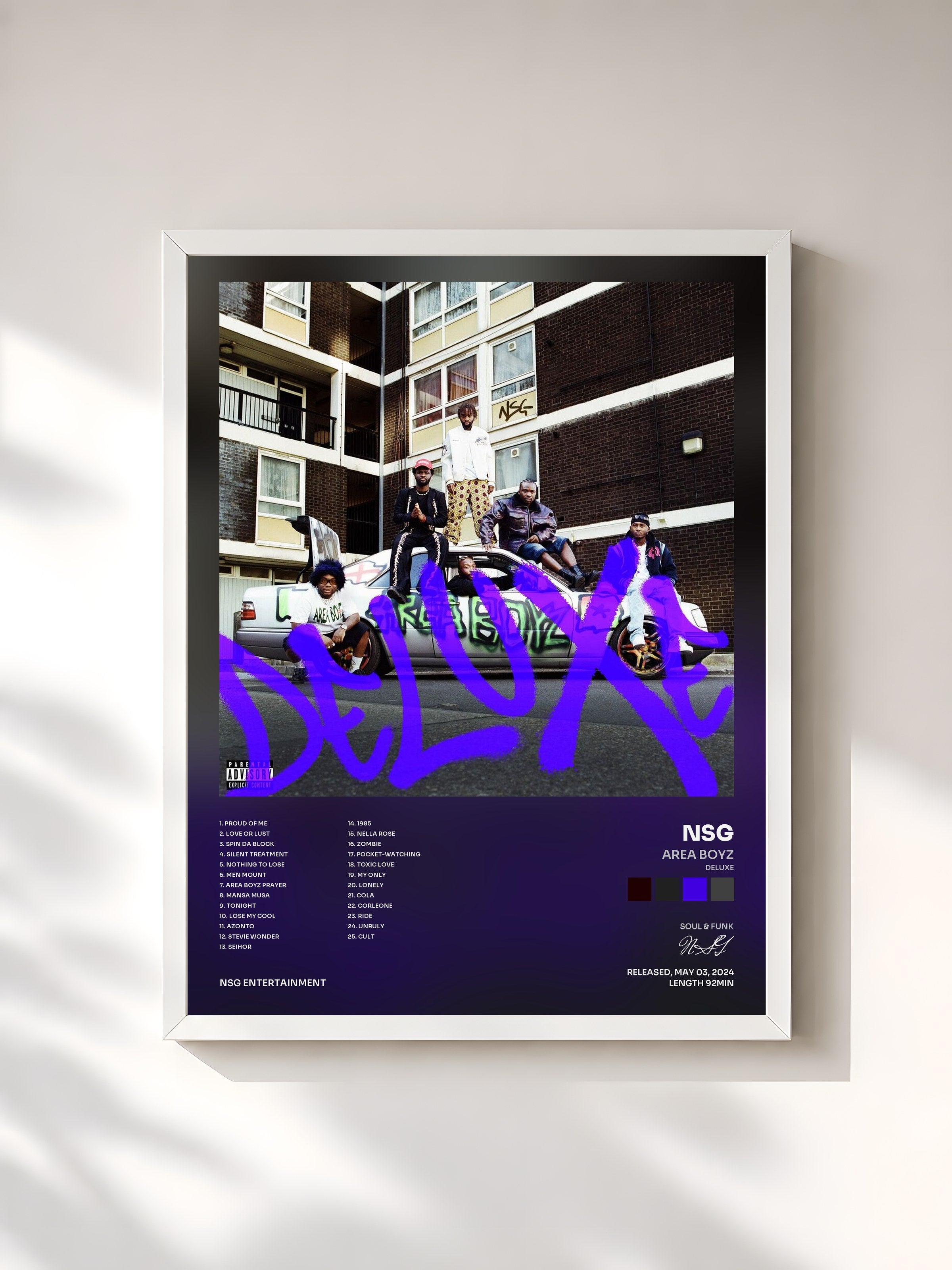 #blanc Tableau de l'album AREA BOYZ (DELUXE) de NSG, cadre blanc, imprimé et encadré en France