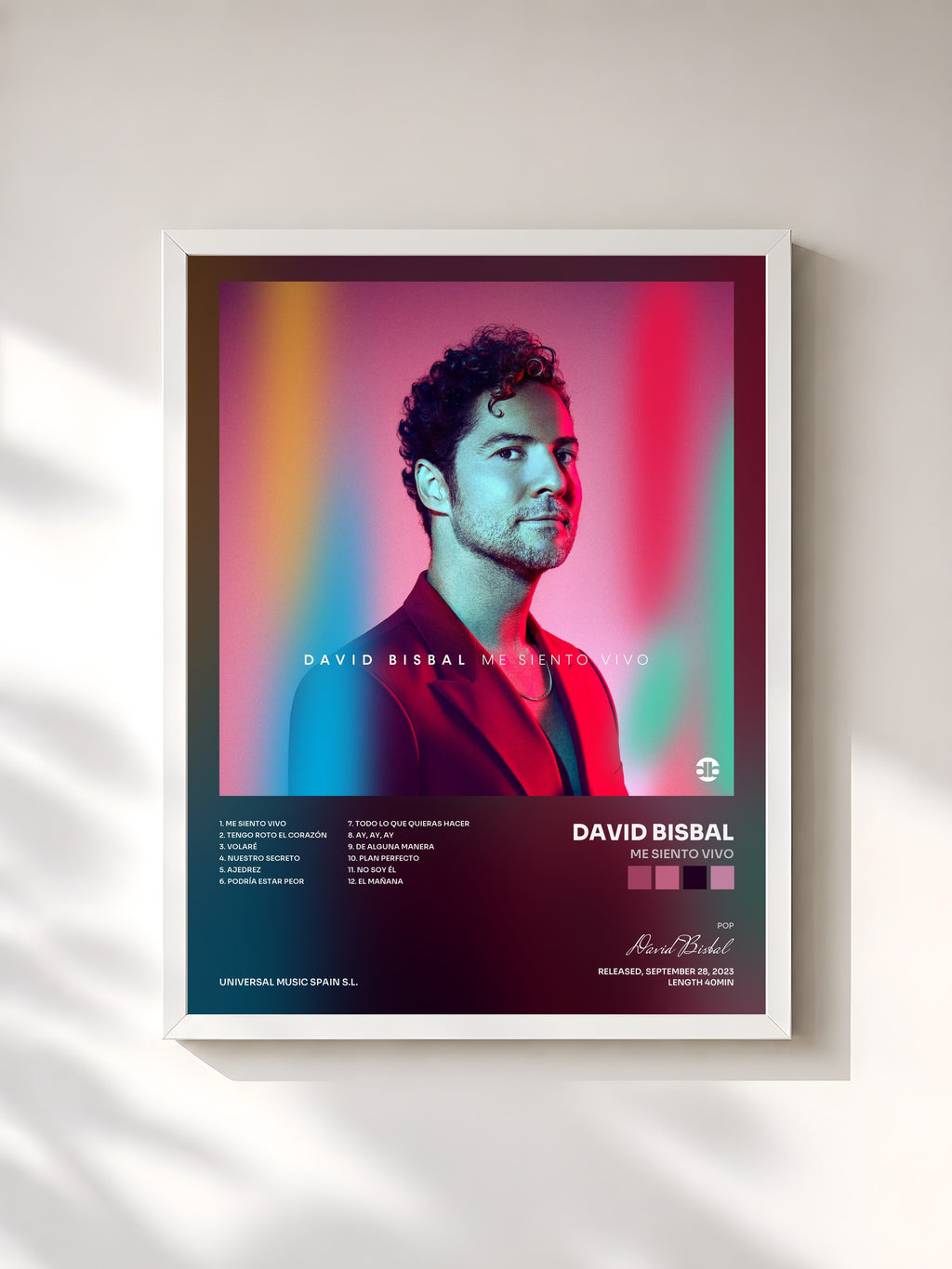#blanc Tableau de l'album Me Siento Vivo de David Bisbal, cadre blanc, imprimé et encadré en France