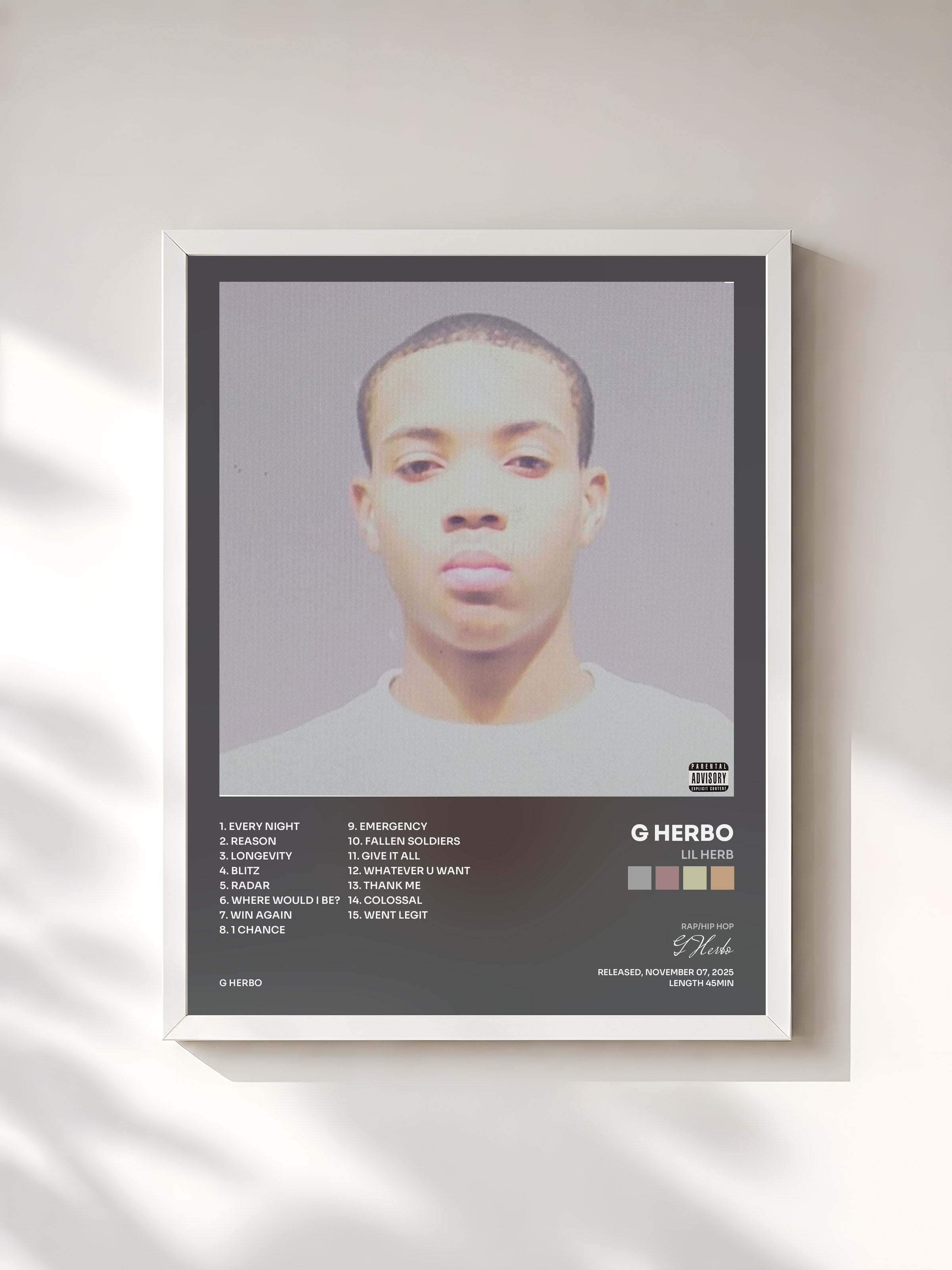 #blanc Tableau de l'album Lil Herb de G Herbo, cadre blanc, imprimé et encadré en France