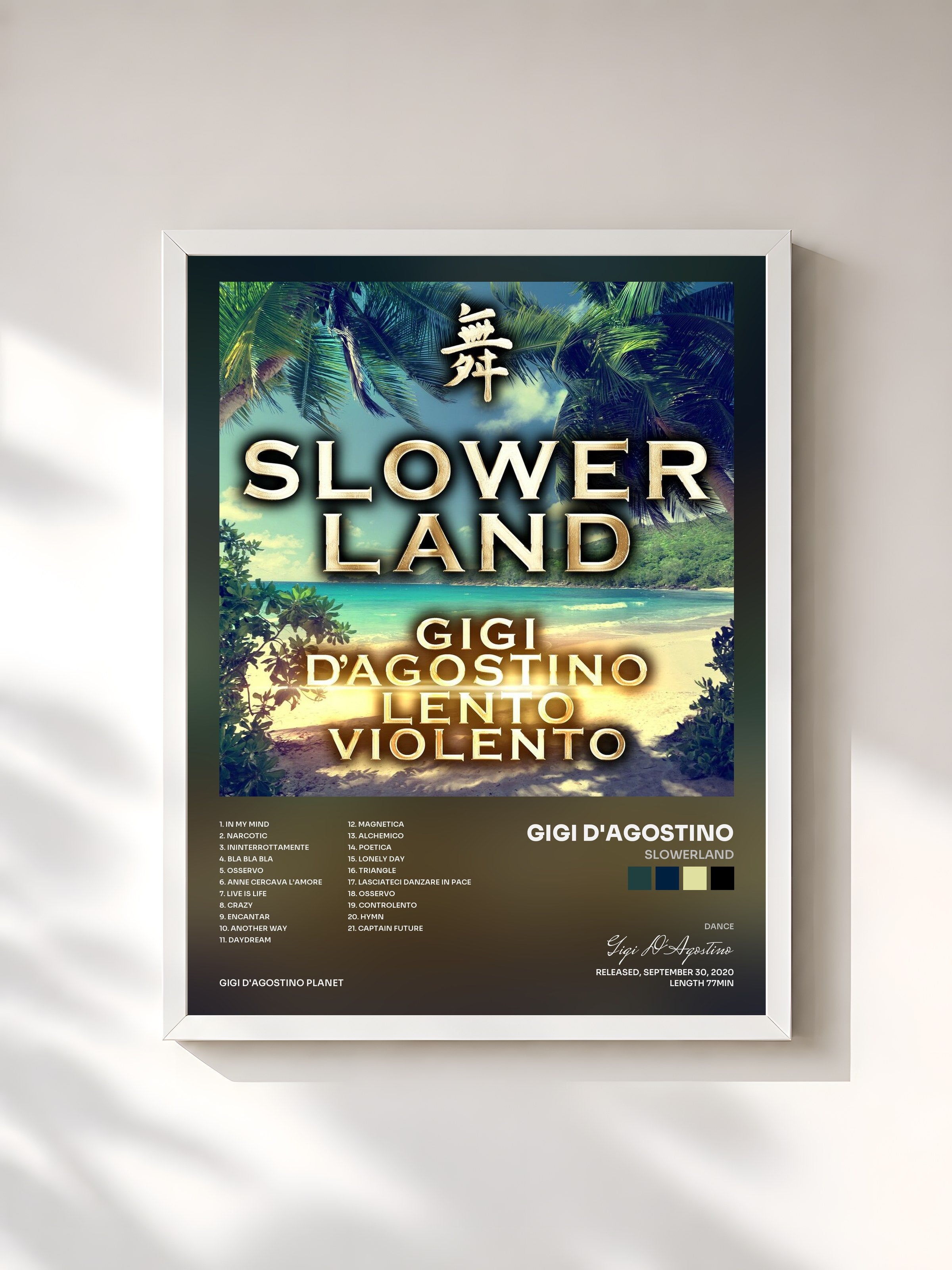 #blanc Tableau de l'album Slowerland de Gigi D'Agostino, cadre blanc, imprimé et encadré en France