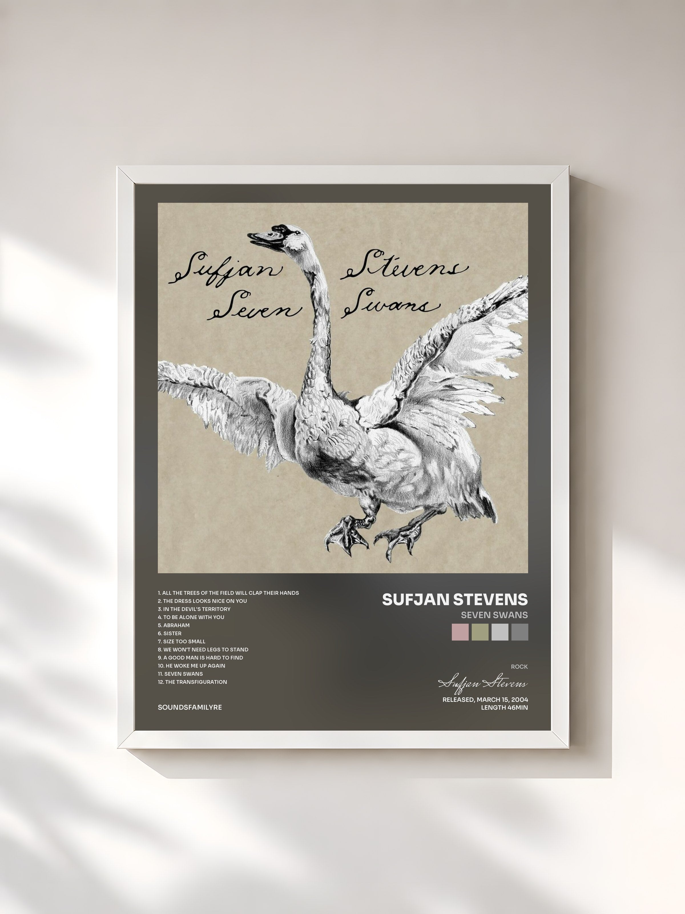#blanc Tableau de l'album Seven Swans de Sufjan Stevens, cadre blanc, imprimé et encadré en France