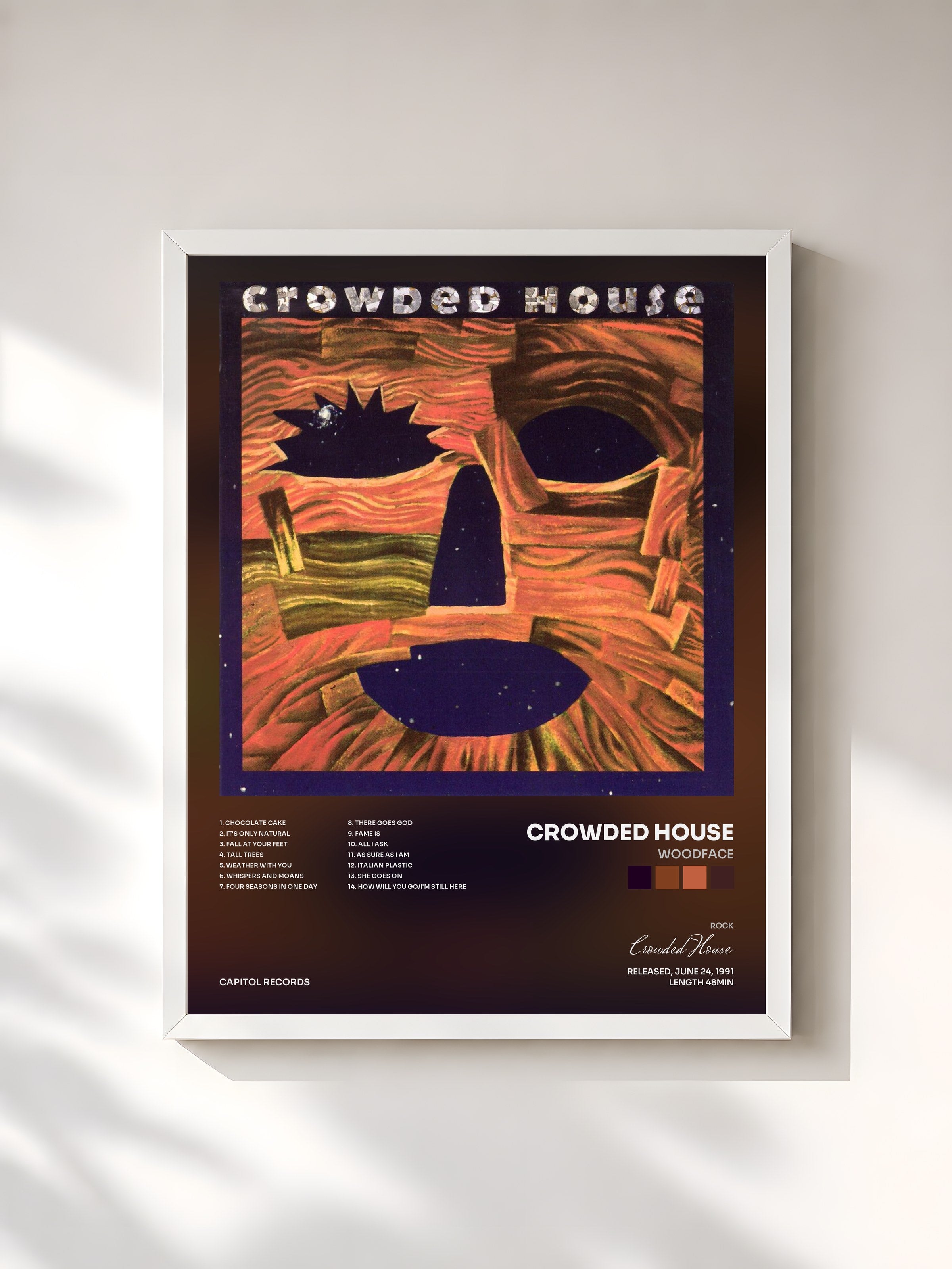 #blanc Tableau de l'album Woodface de Crowded House, cadre blanc, imprimé et encadré en France