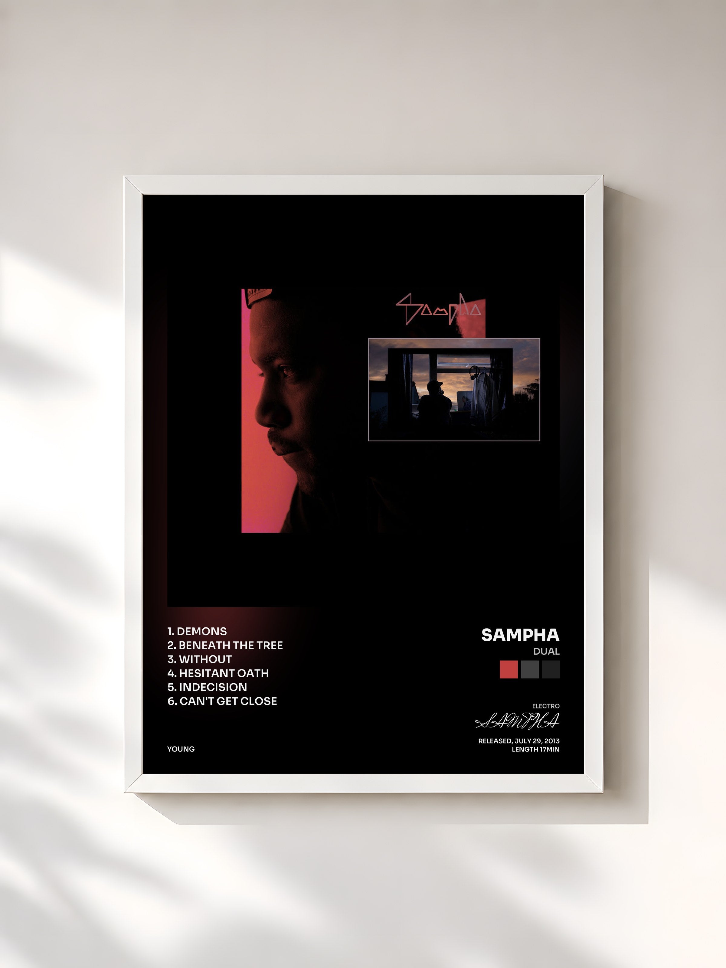 #blanc Tableau de l'album Dual de SAMPHA, cadre blanc, imprimé et encadré en France