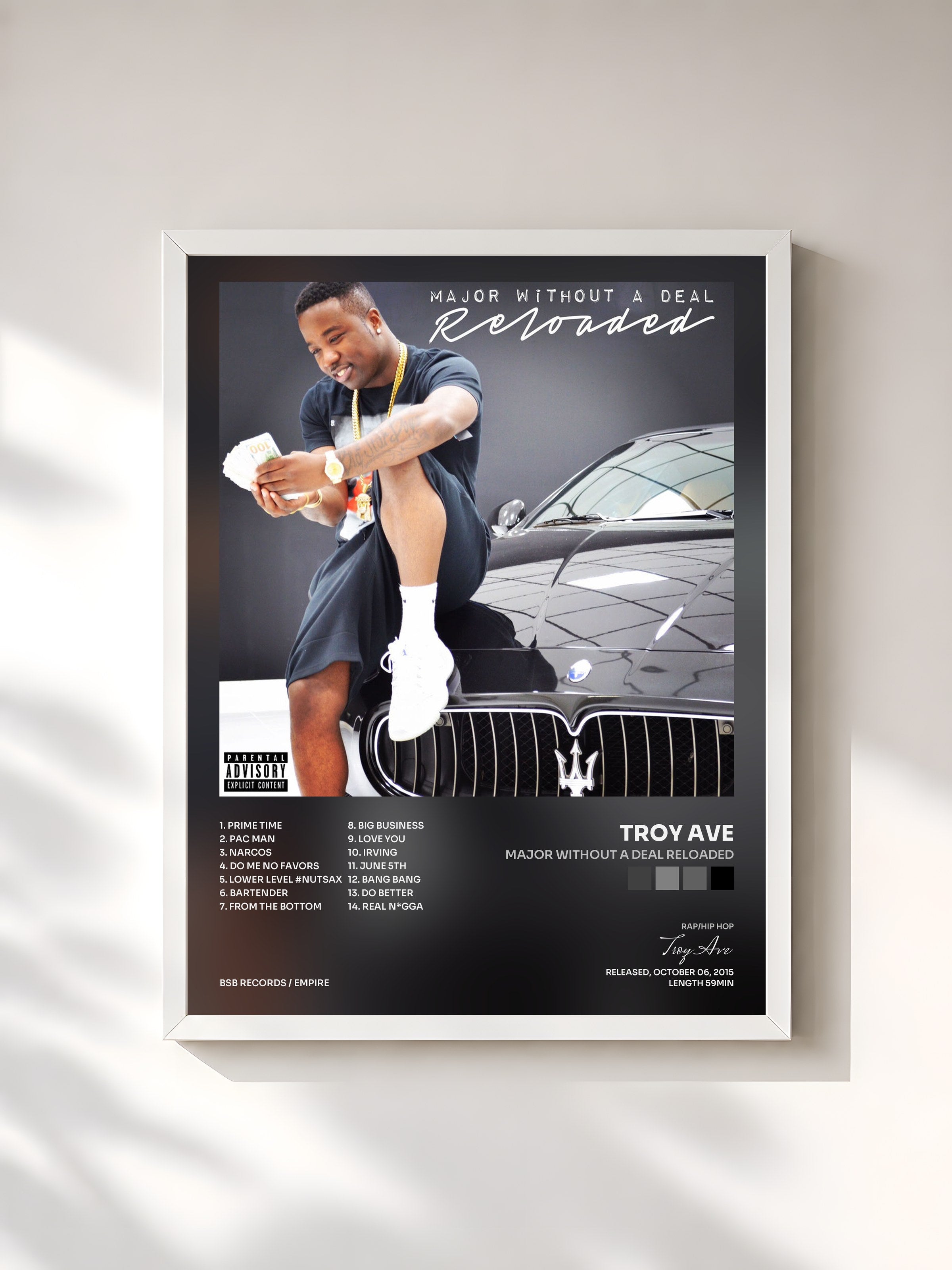 #blanc Tableau de l'album Major Without a Deal Reloaded de Troy Ave, cadre blanc, imprimé et encadré en France