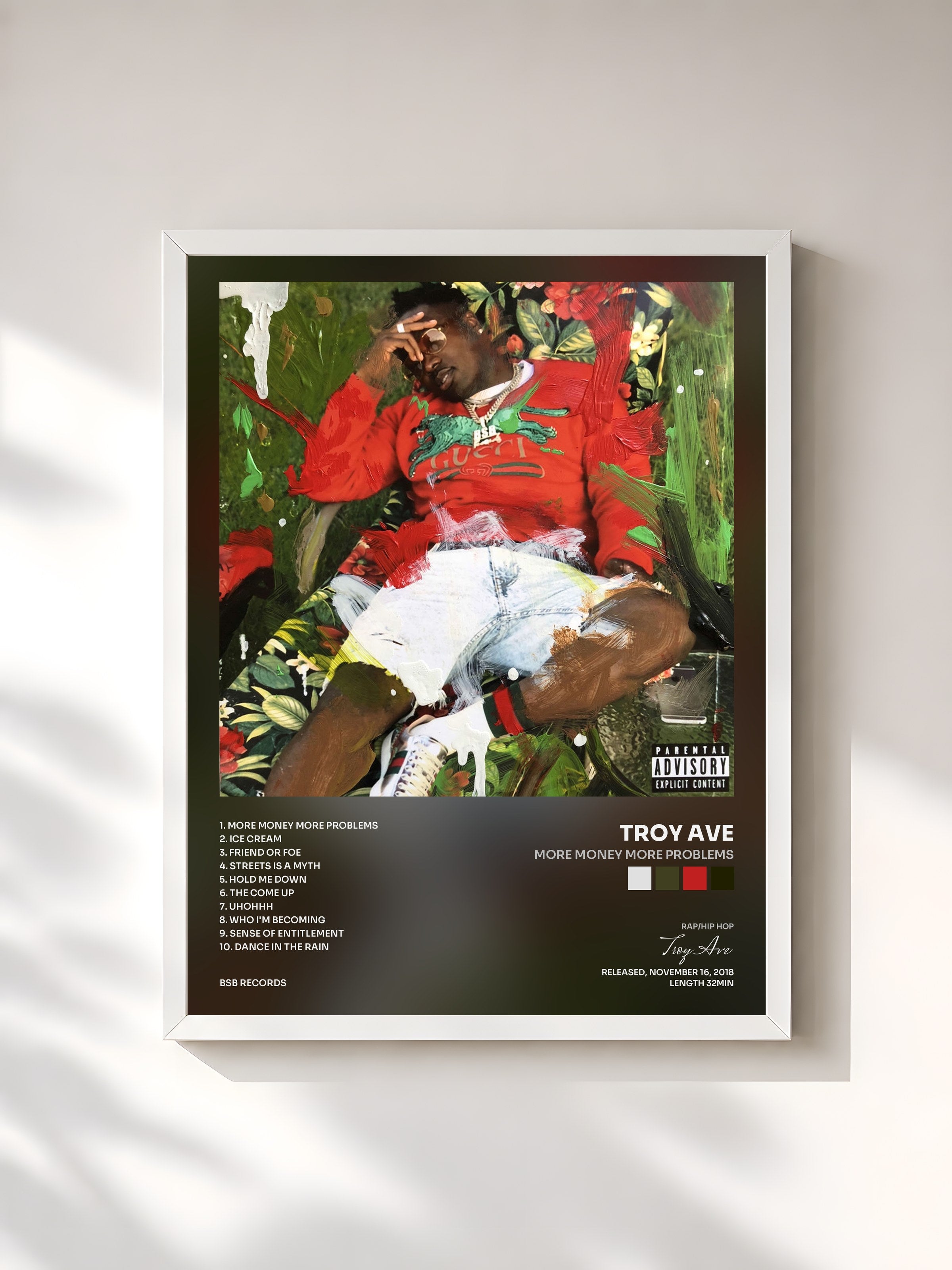 #blanc Tableau de l'album More Money More Problems de Troy Ave, cadre blanc, imprimé et encadré en France