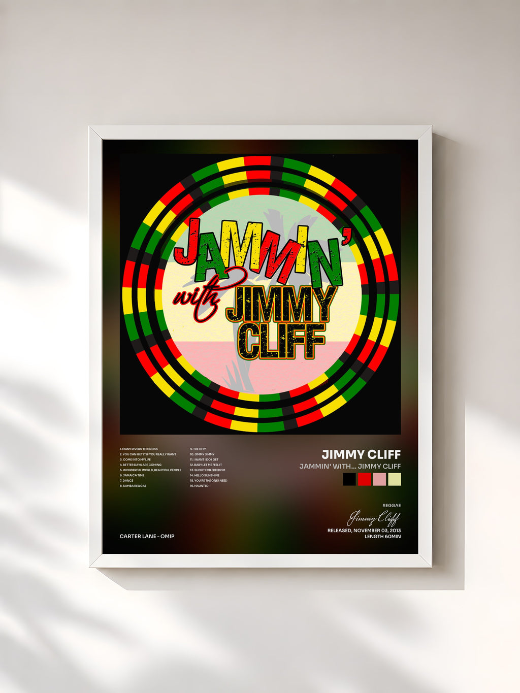 #blanc Tableau de l'album Jammin' With… Jimmy Cliff de Jimmy Cliff, cadre blanc, imprimé et encadré en France