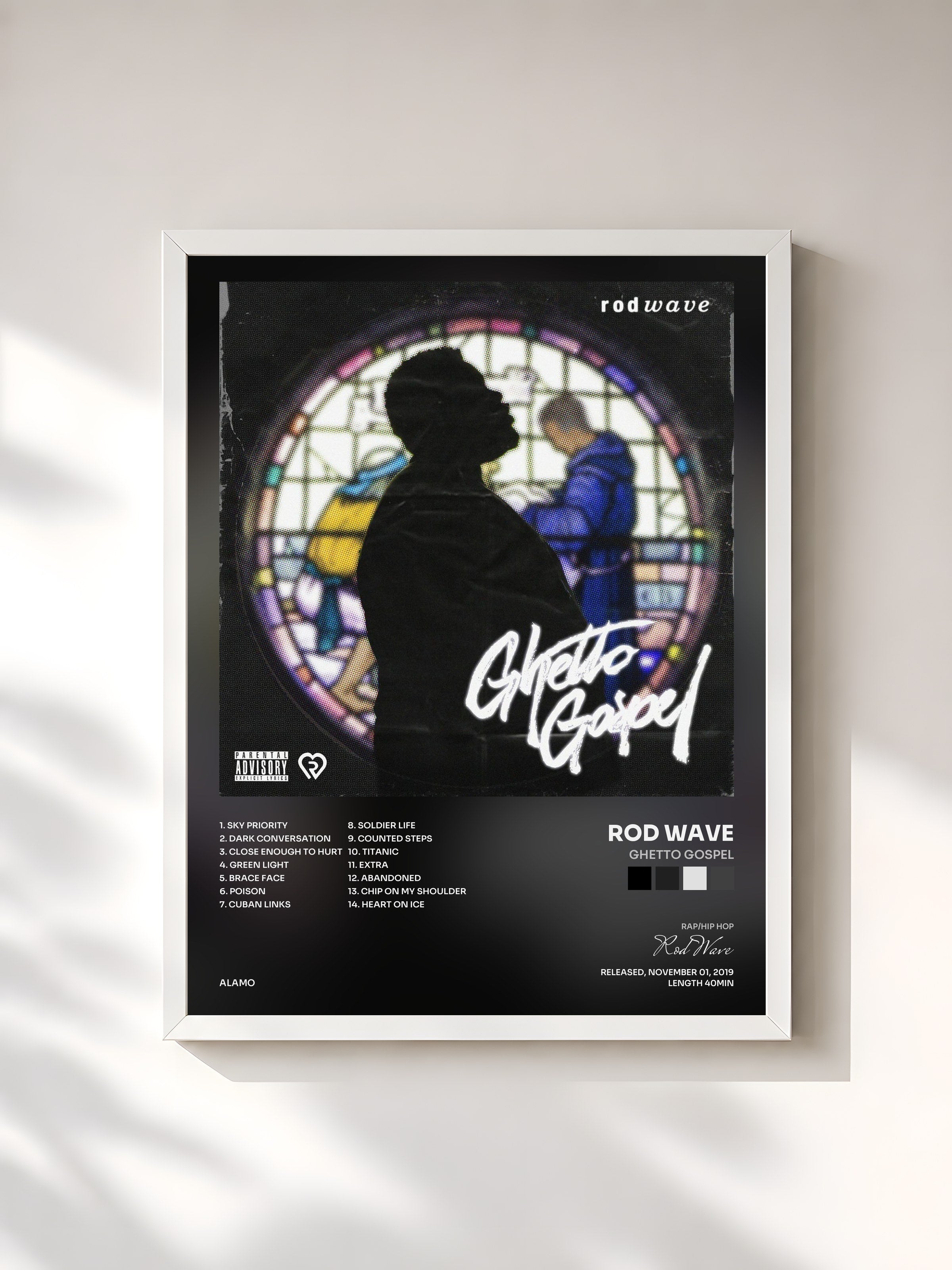 #blanc Tableau de l'album Ghetto Gospel de Rod Wave, cadre blanc, imprimé et encadré en France