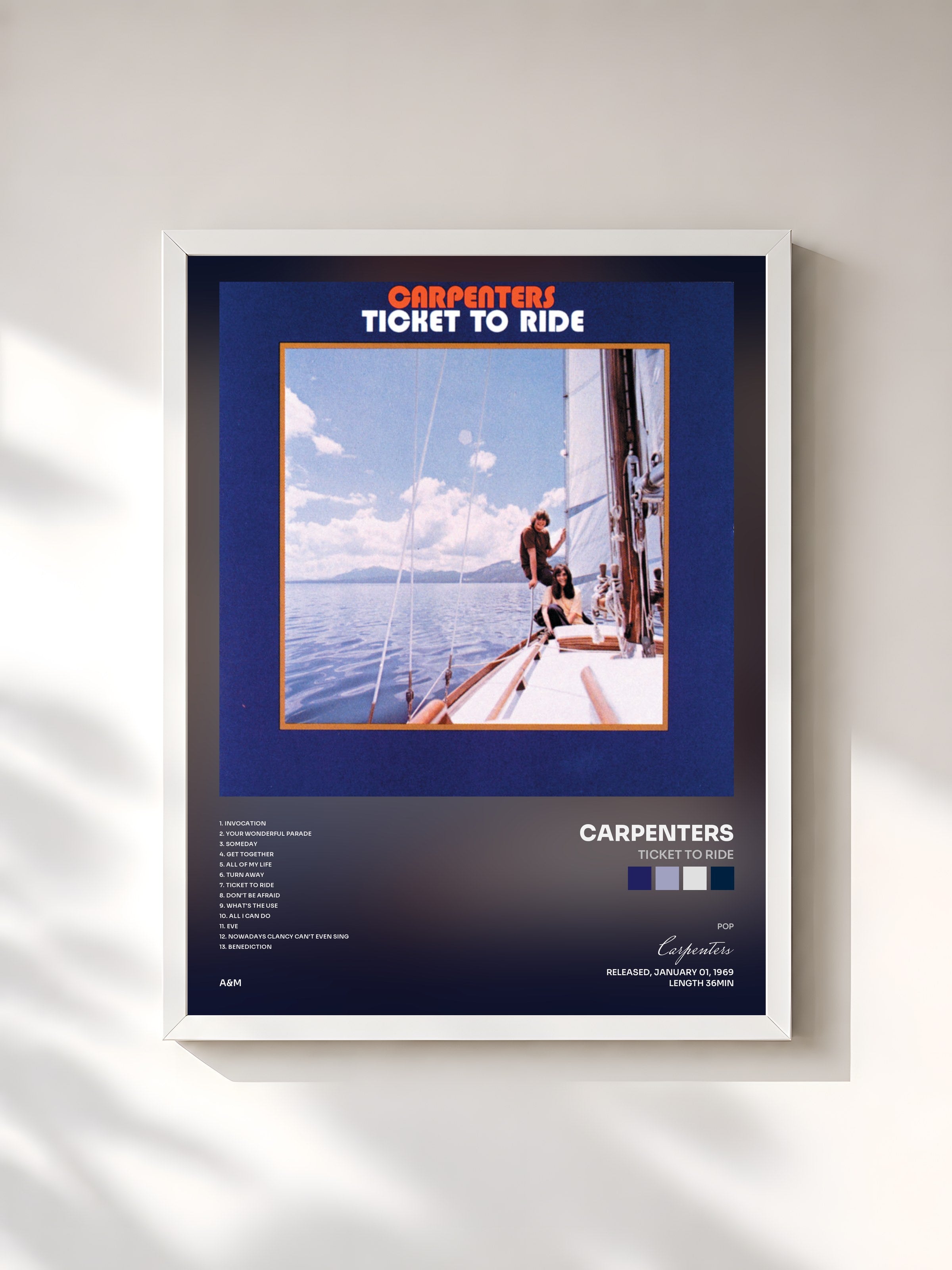 #blanc Tableau de l'album Ticket To Ride de Carpenters, cadre blanc, imprimé et encadré en France